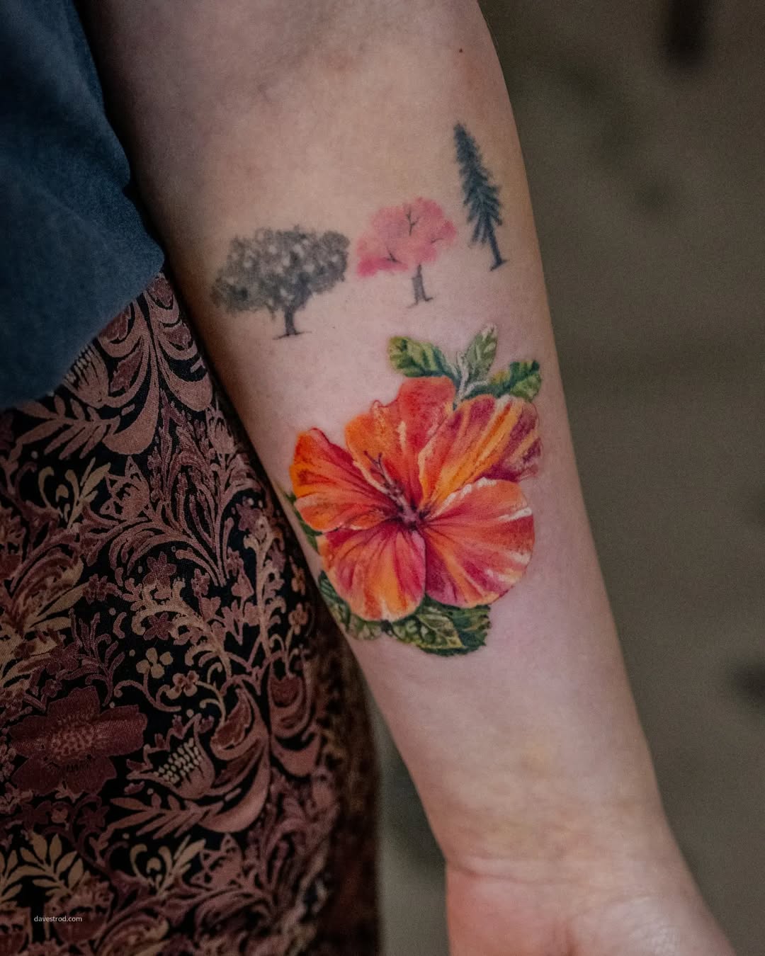 Vibrant Watercolor Hibiscus Floral Tattoo