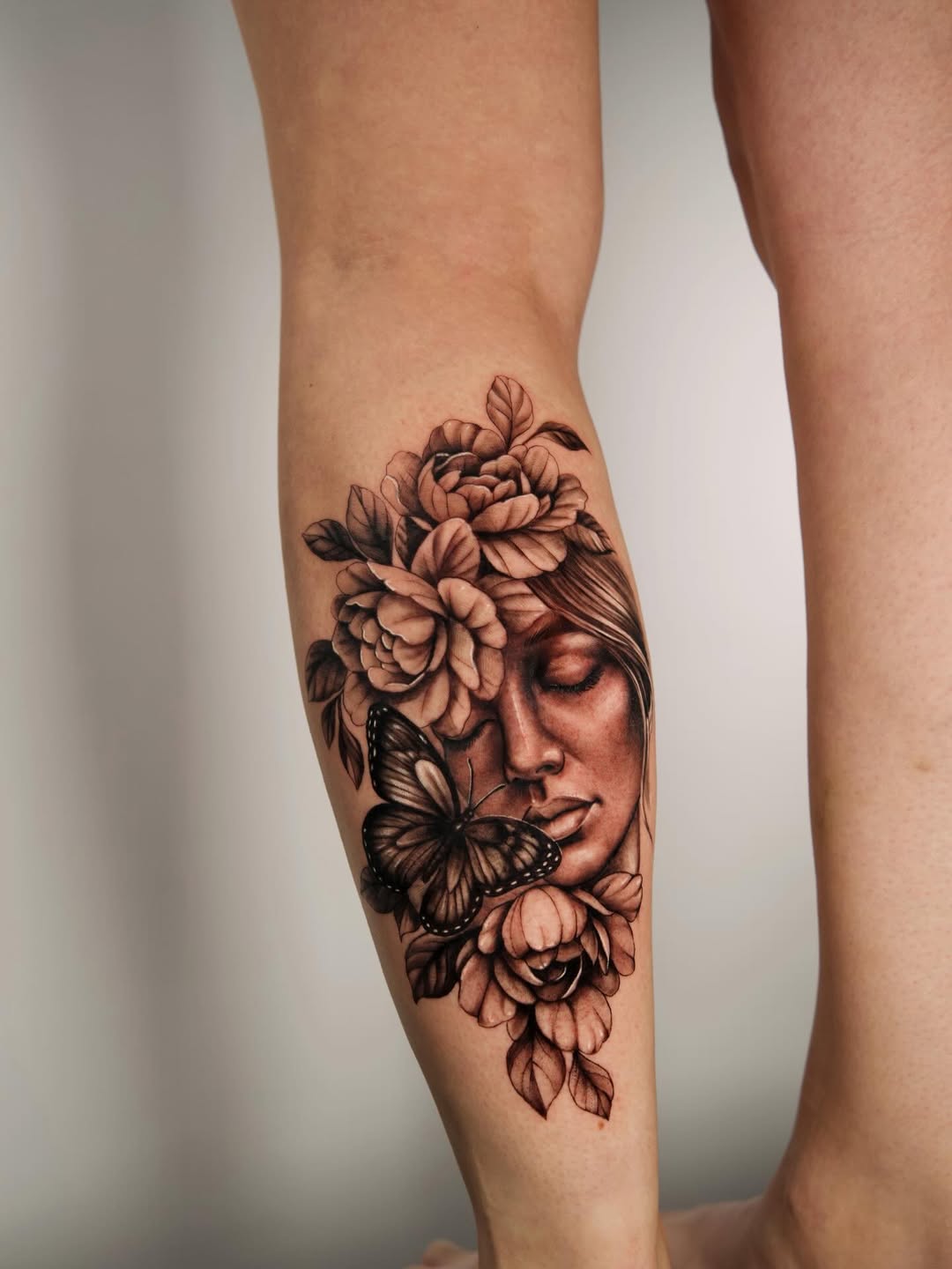 Floral Portrait Black & Grey Realism Calf Tattoo