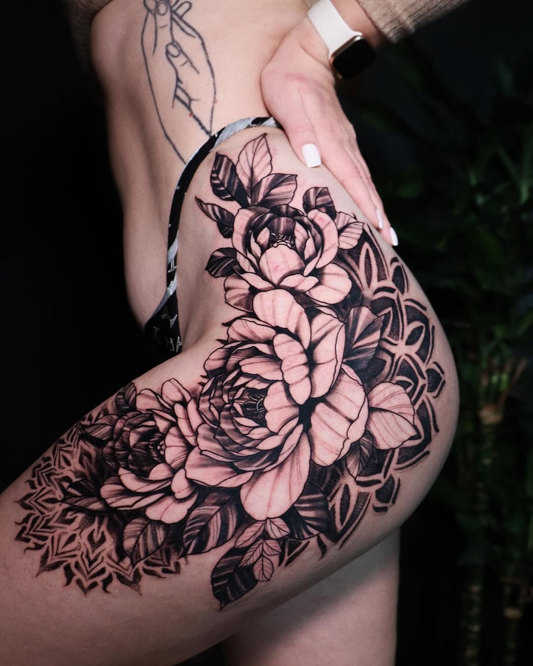 Blackwork Floral & Mandala Thigh Tattoo