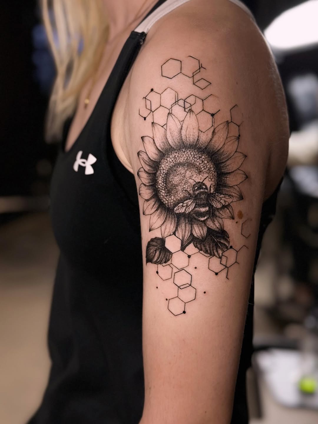 Geometric Sunflower & Bee Fine Line Tattoo