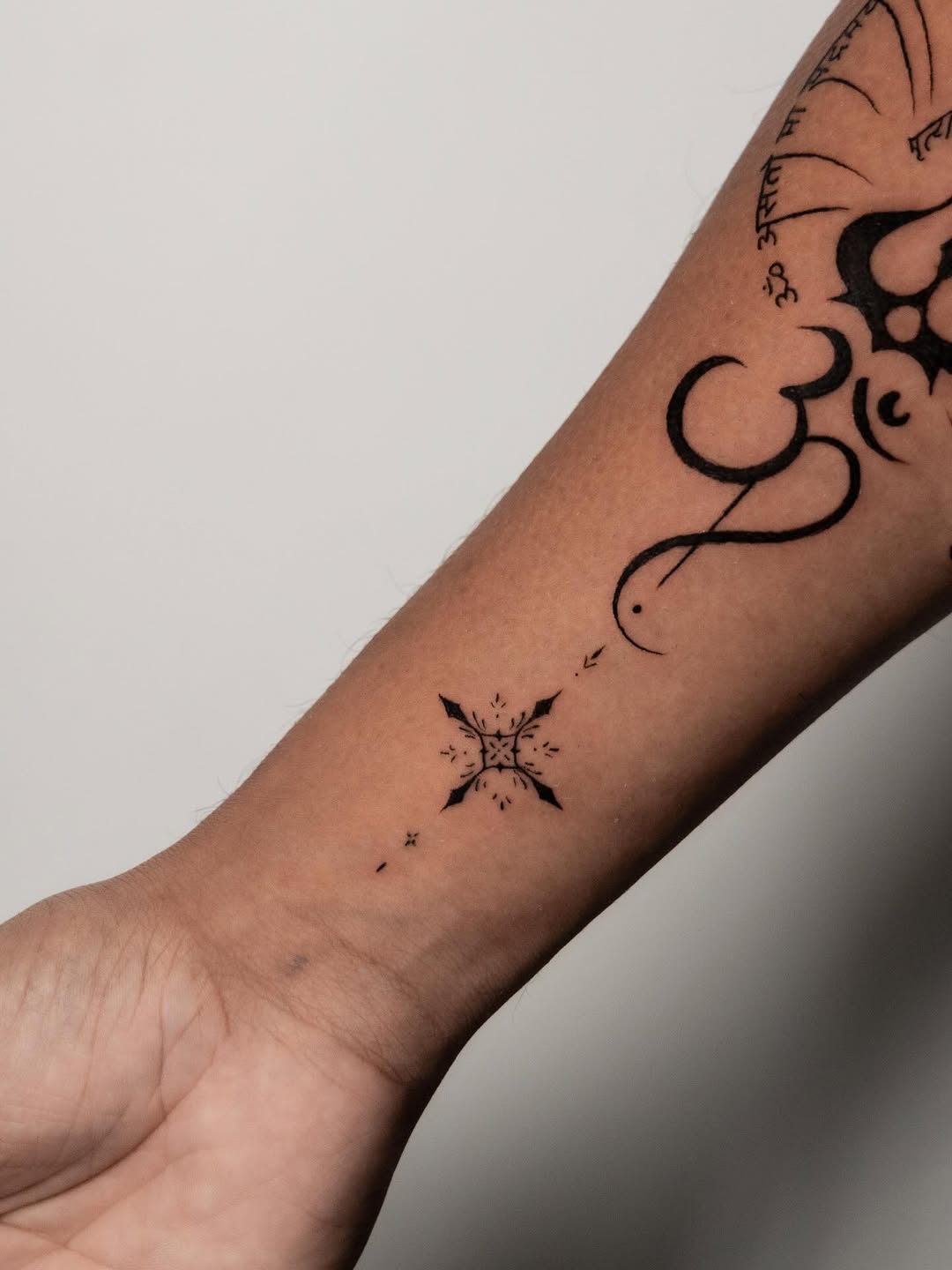 Sacred Om & Trishul Spiritual Script Tattoo