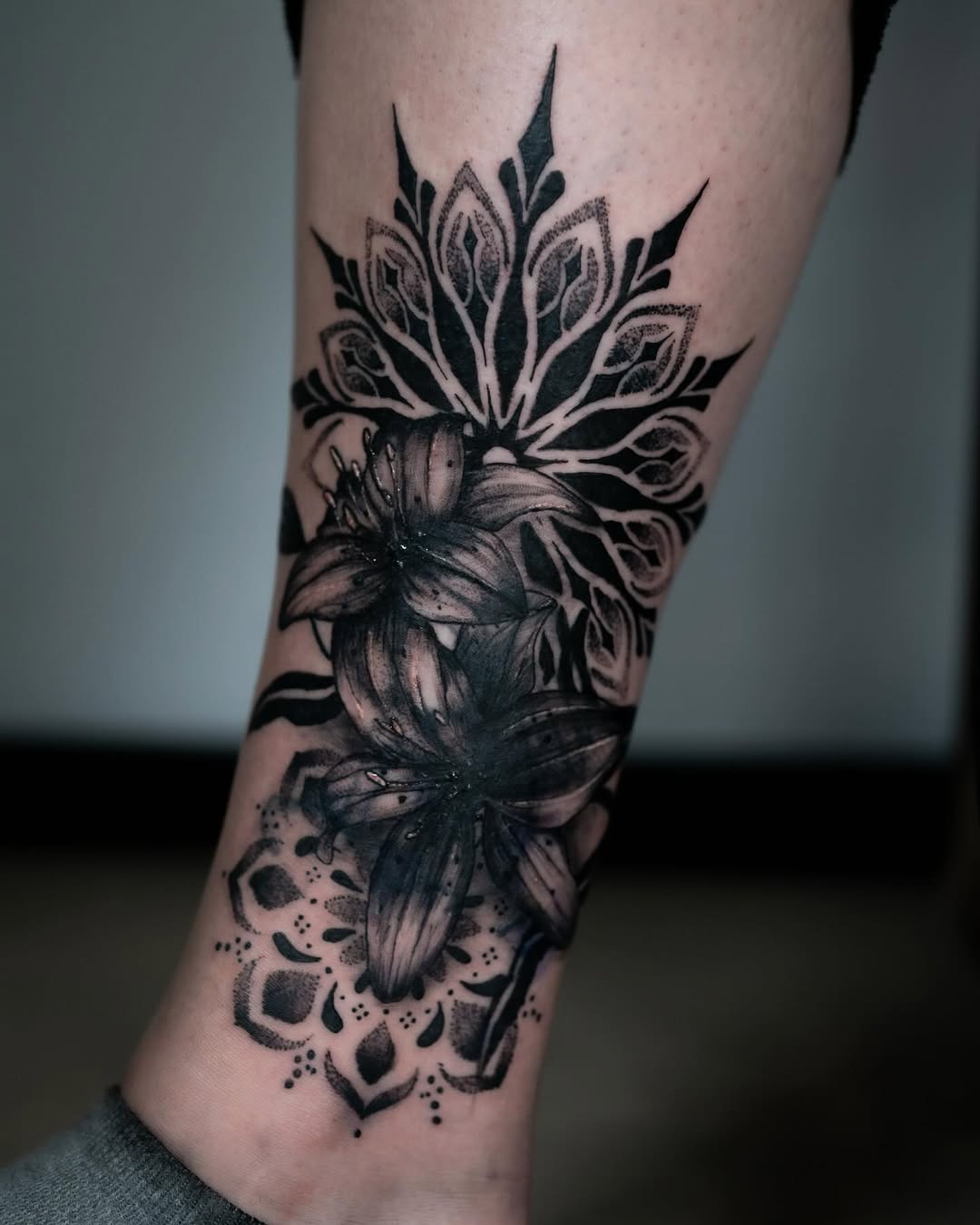 Dark Ornamental Floral Cover-Up Calf Tattoo