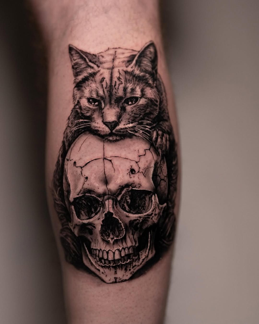 Realism Cat & Skull Dark Art Tattoo