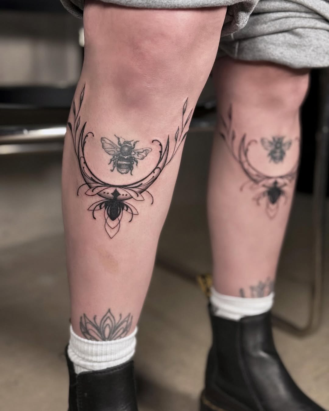 Symmetrical Bee & Ornamental Blackwork Calf Tattoo