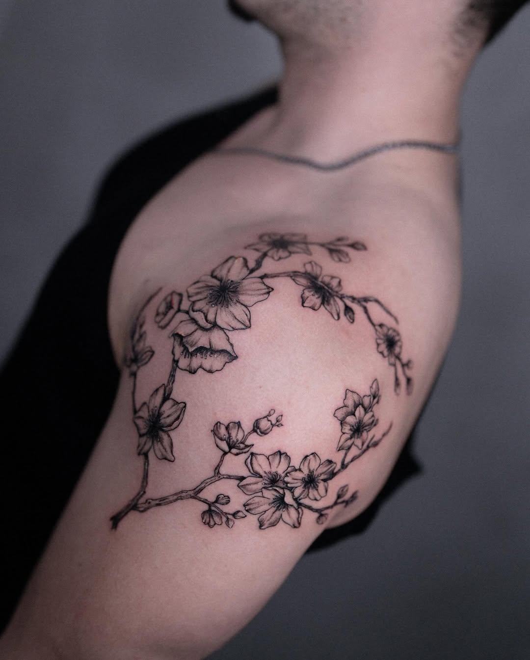Cherry Blossom Circle Fine Line Shoulder Tattoo