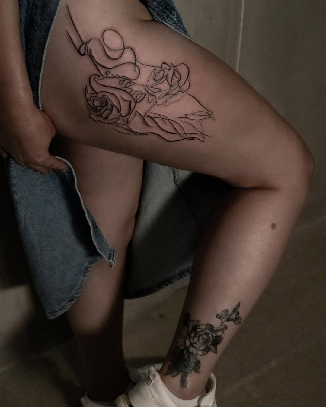 One-Line Rose Composition Fine Line Tattoo