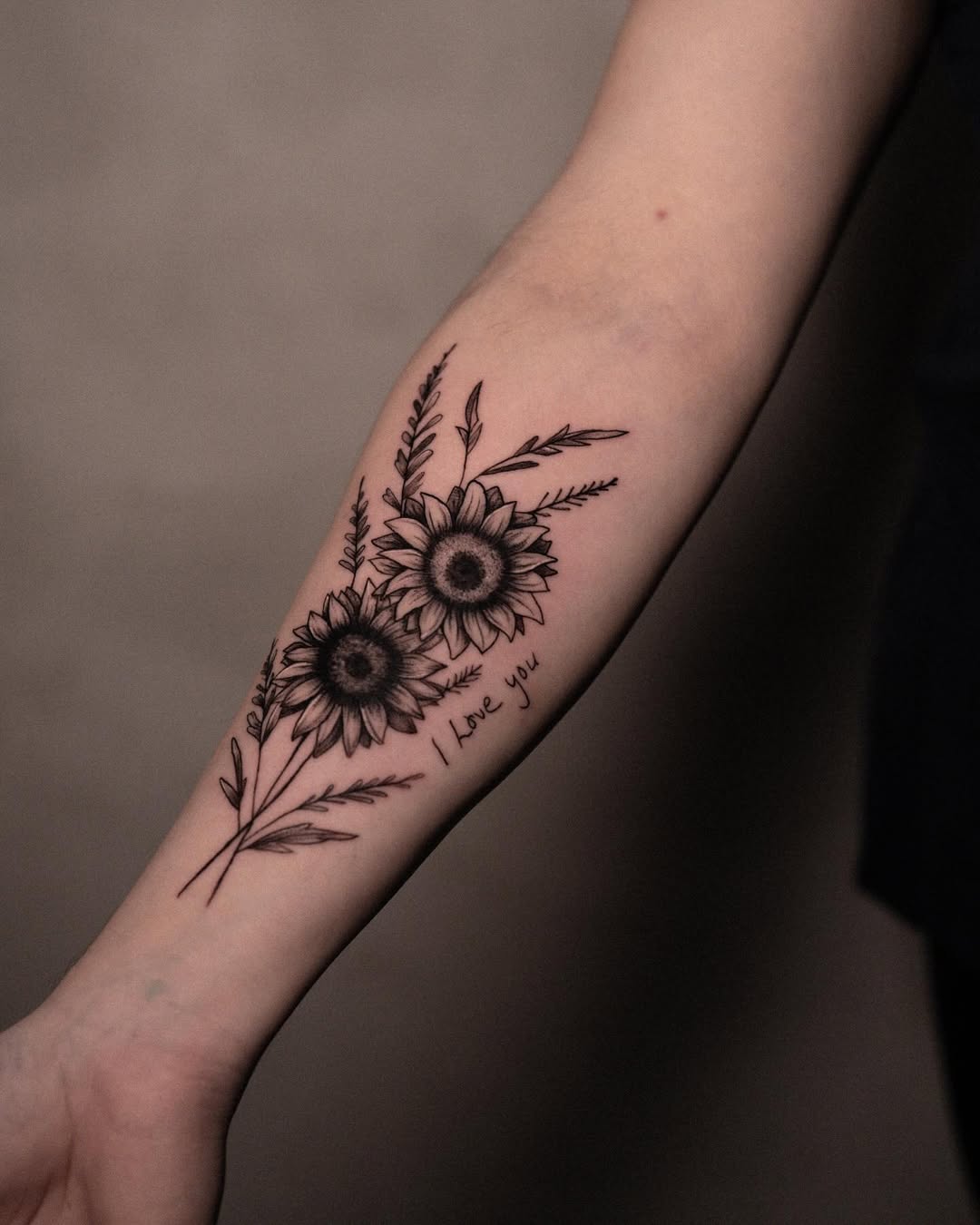 Fine Line Sunflower Duo with Script Tattoo