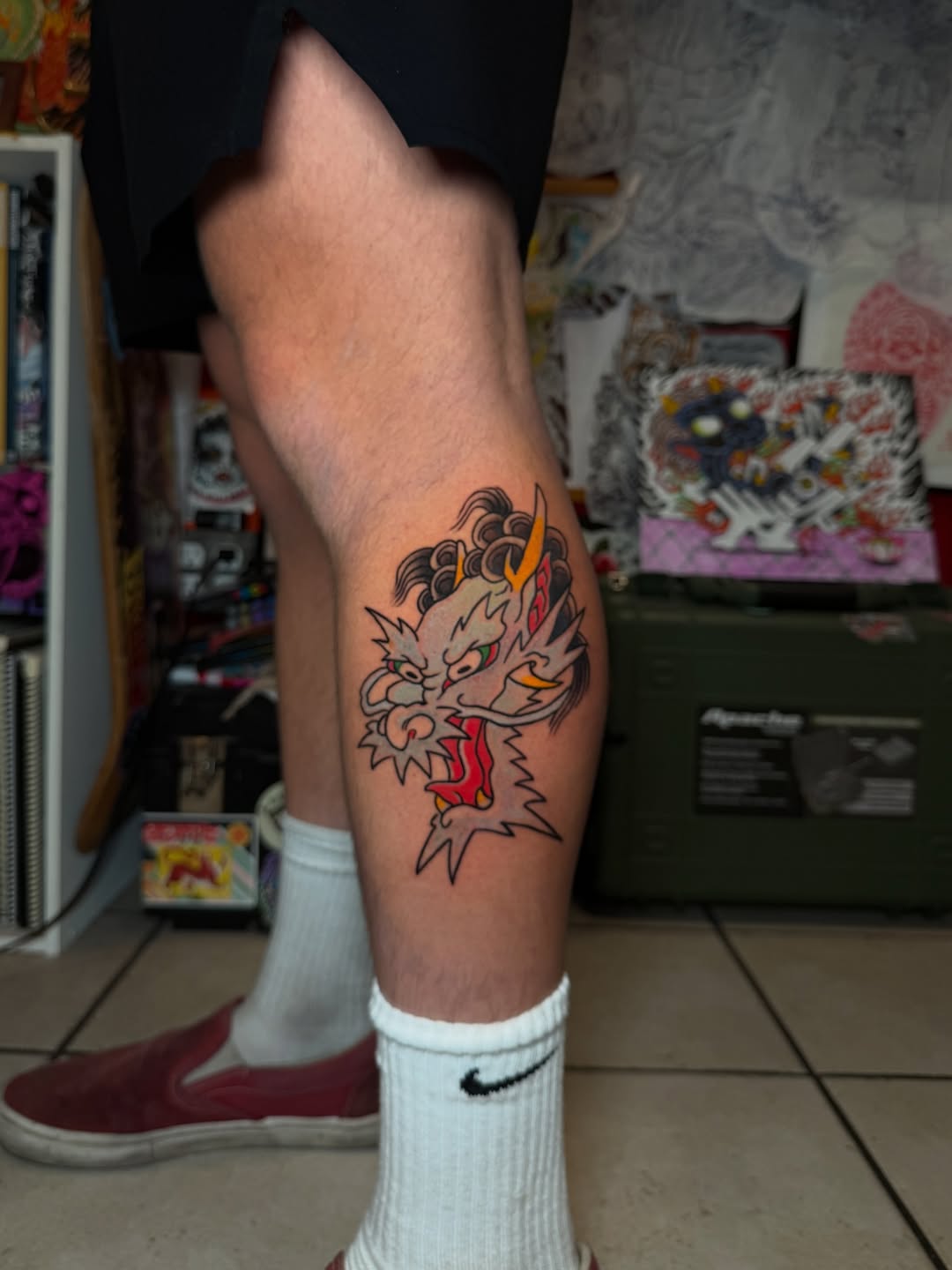 Neo-Traditional Dragon Head Calf Tattoo