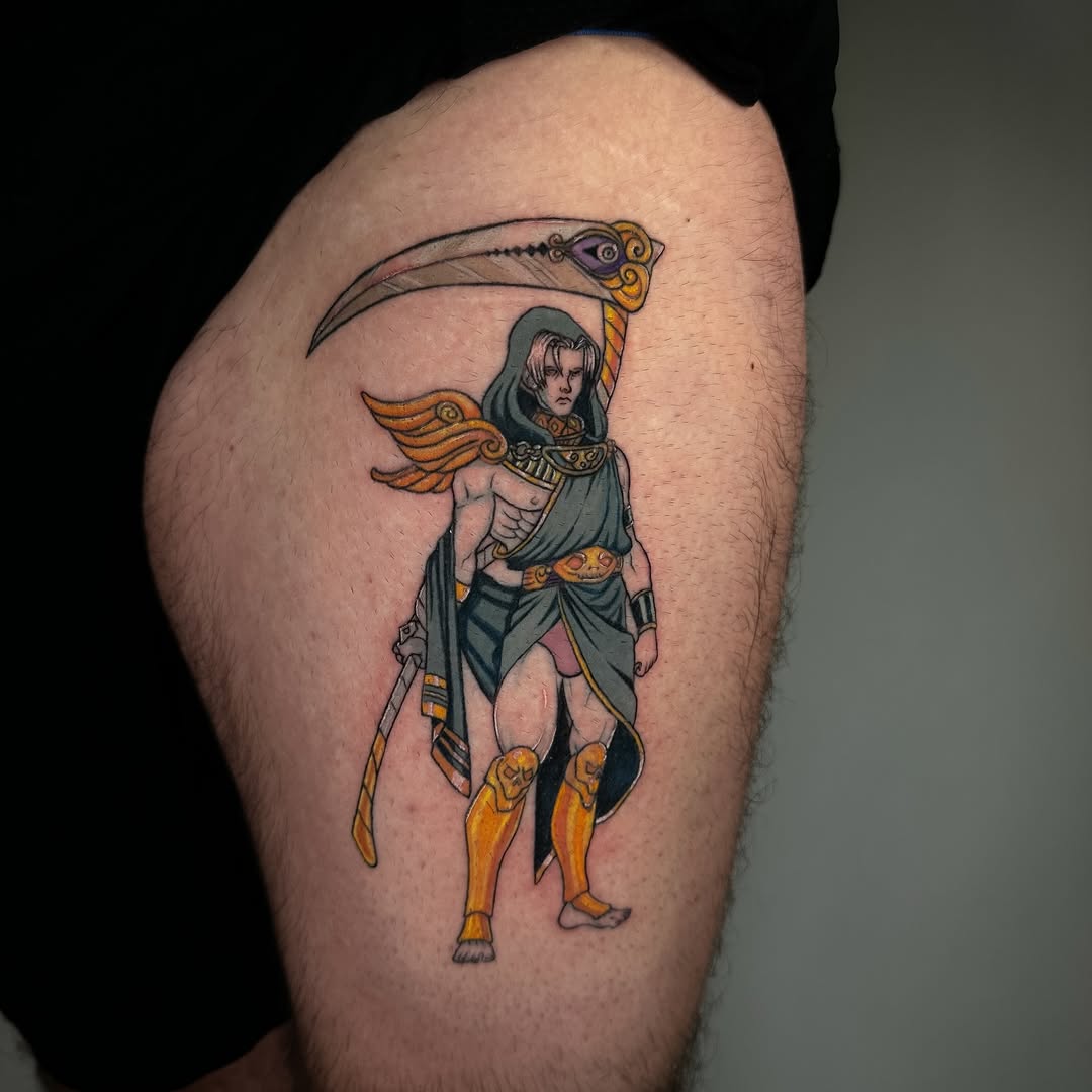 Fantasy Warrior with Ornate Scythe Tattoo