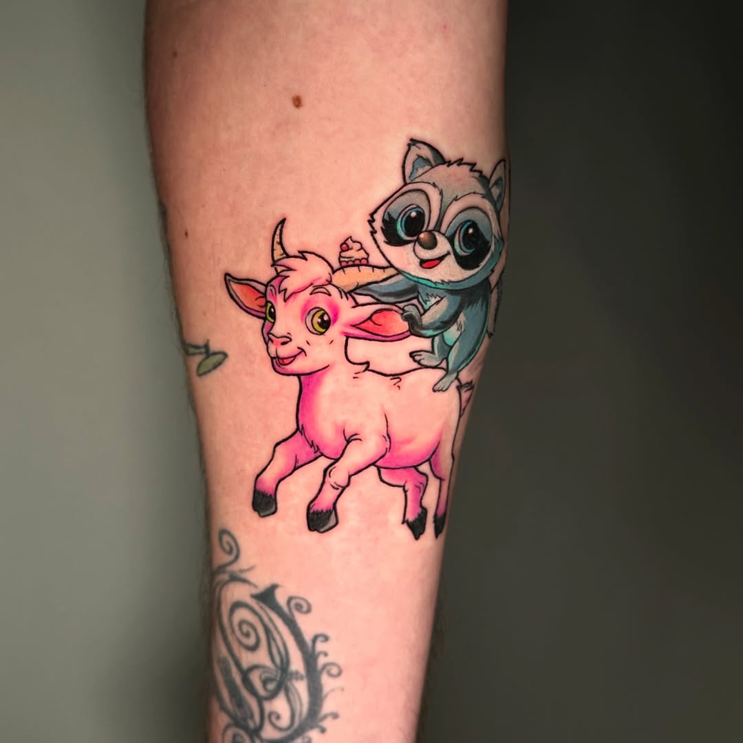 Cute Cartoon Animal Duo Color Tattoo