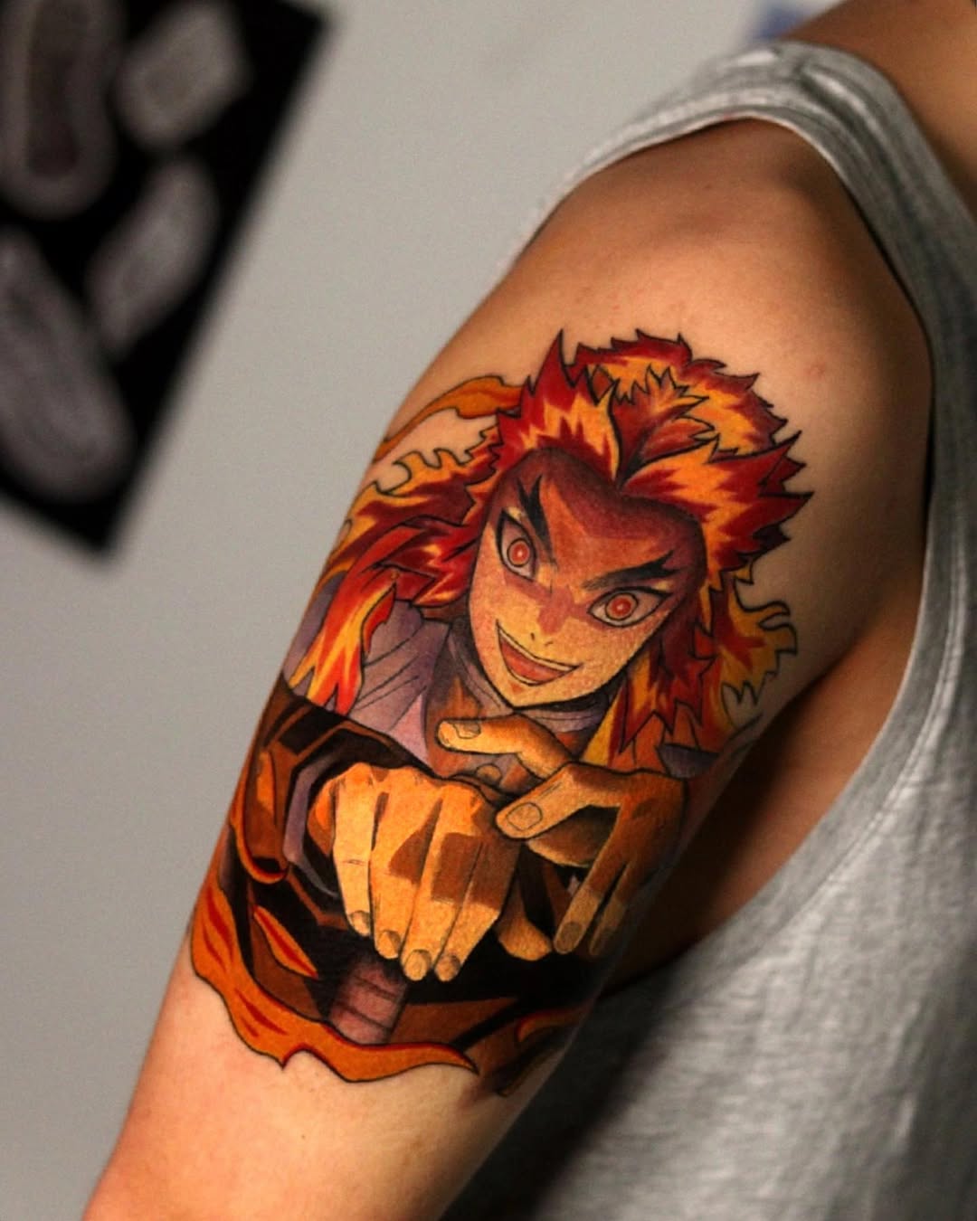 Flame Hashira Portrait — High-Impact Anime Color Tattoo