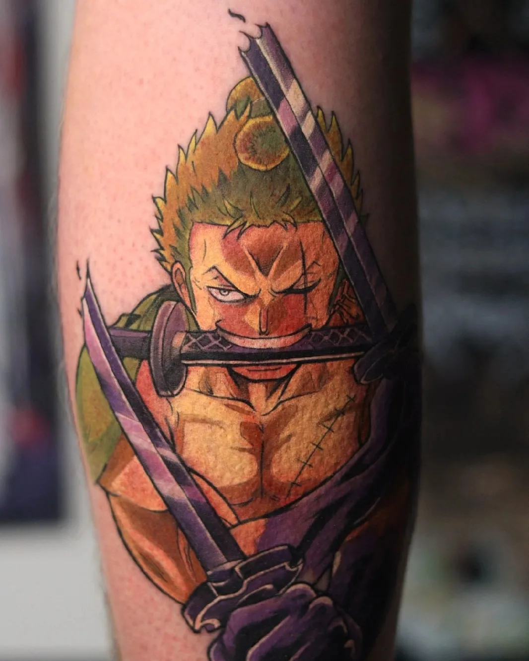 Three-Sword Warrior — Intense Anime Combat Tattoo