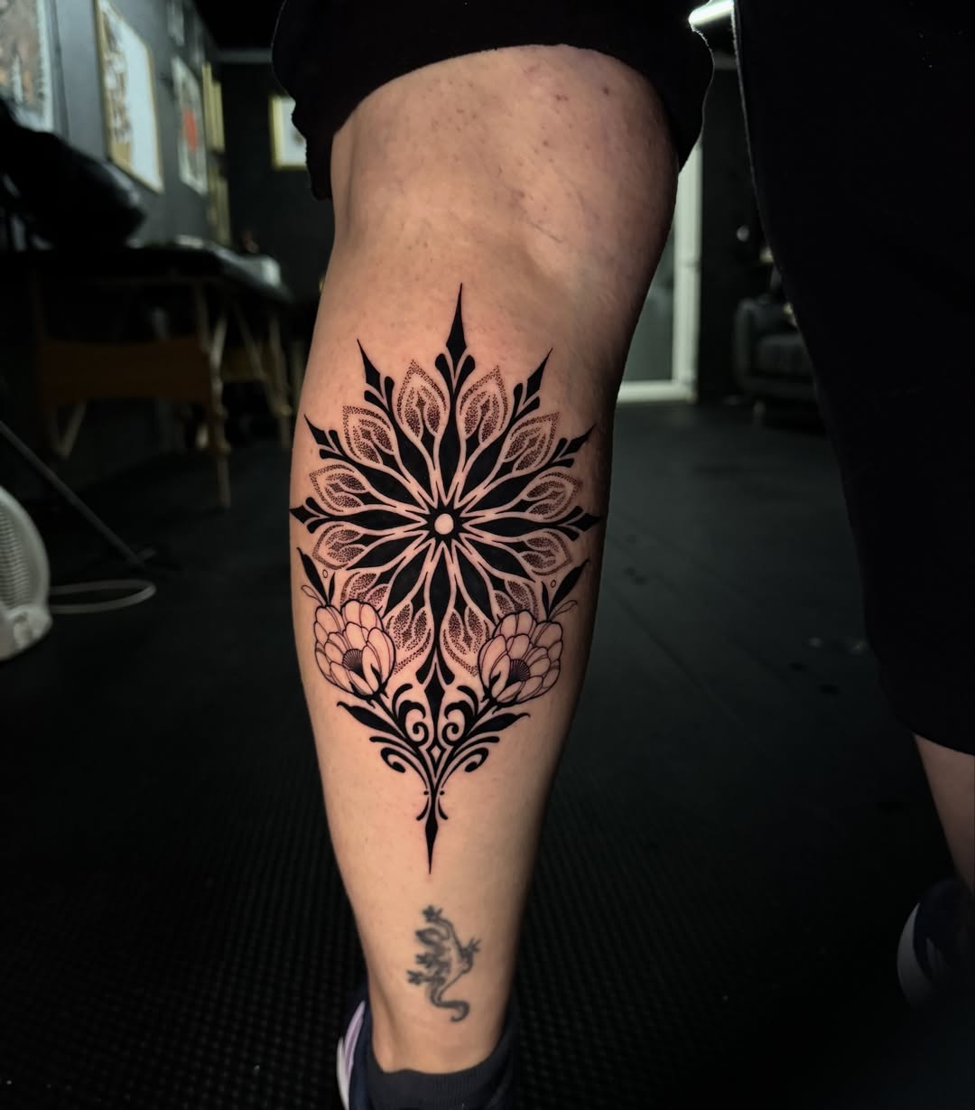 Ornamental Mandala Calf Tattoo