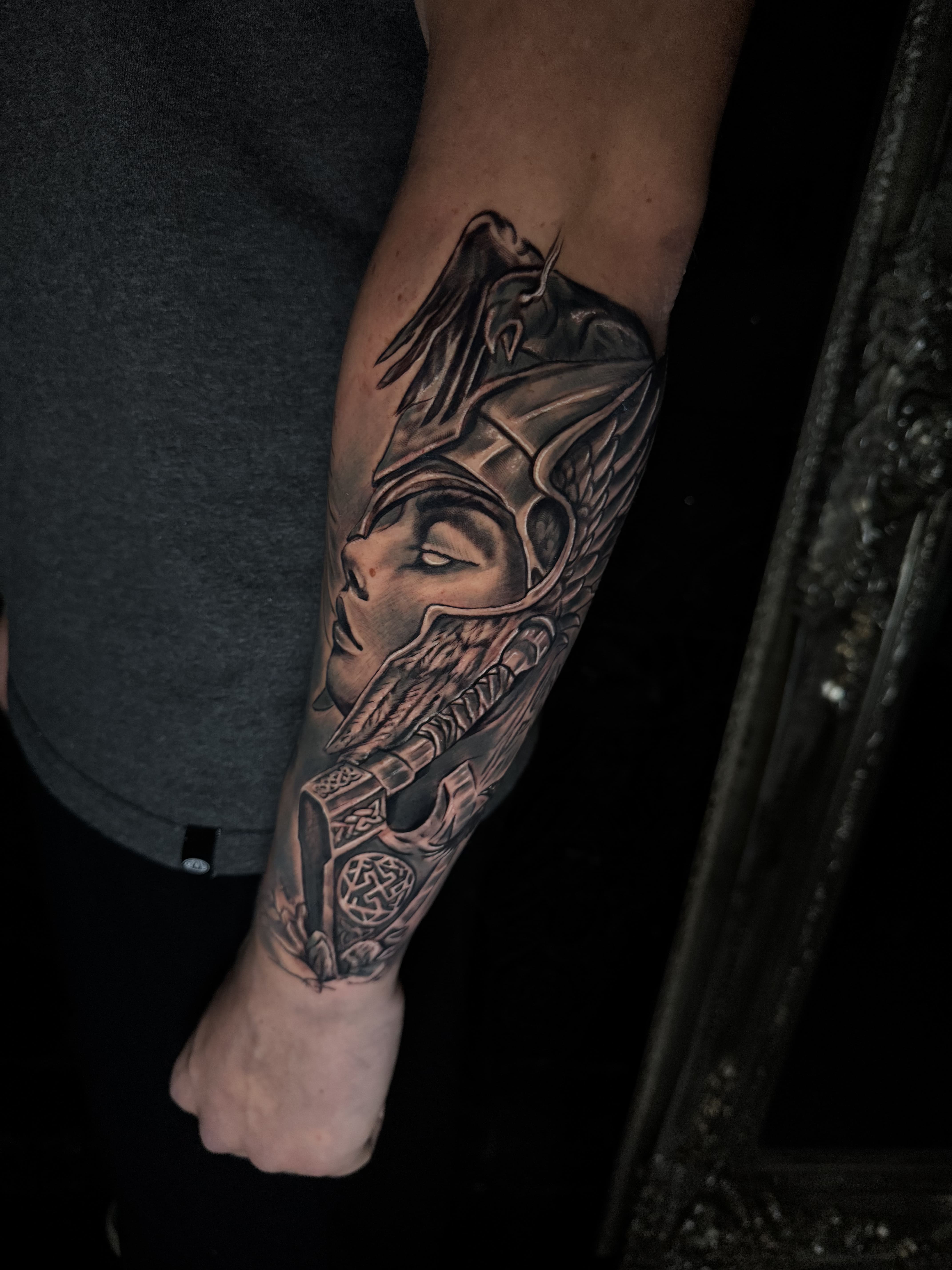 Valkyrie Warrior Black & Grey Forearm Tattoo