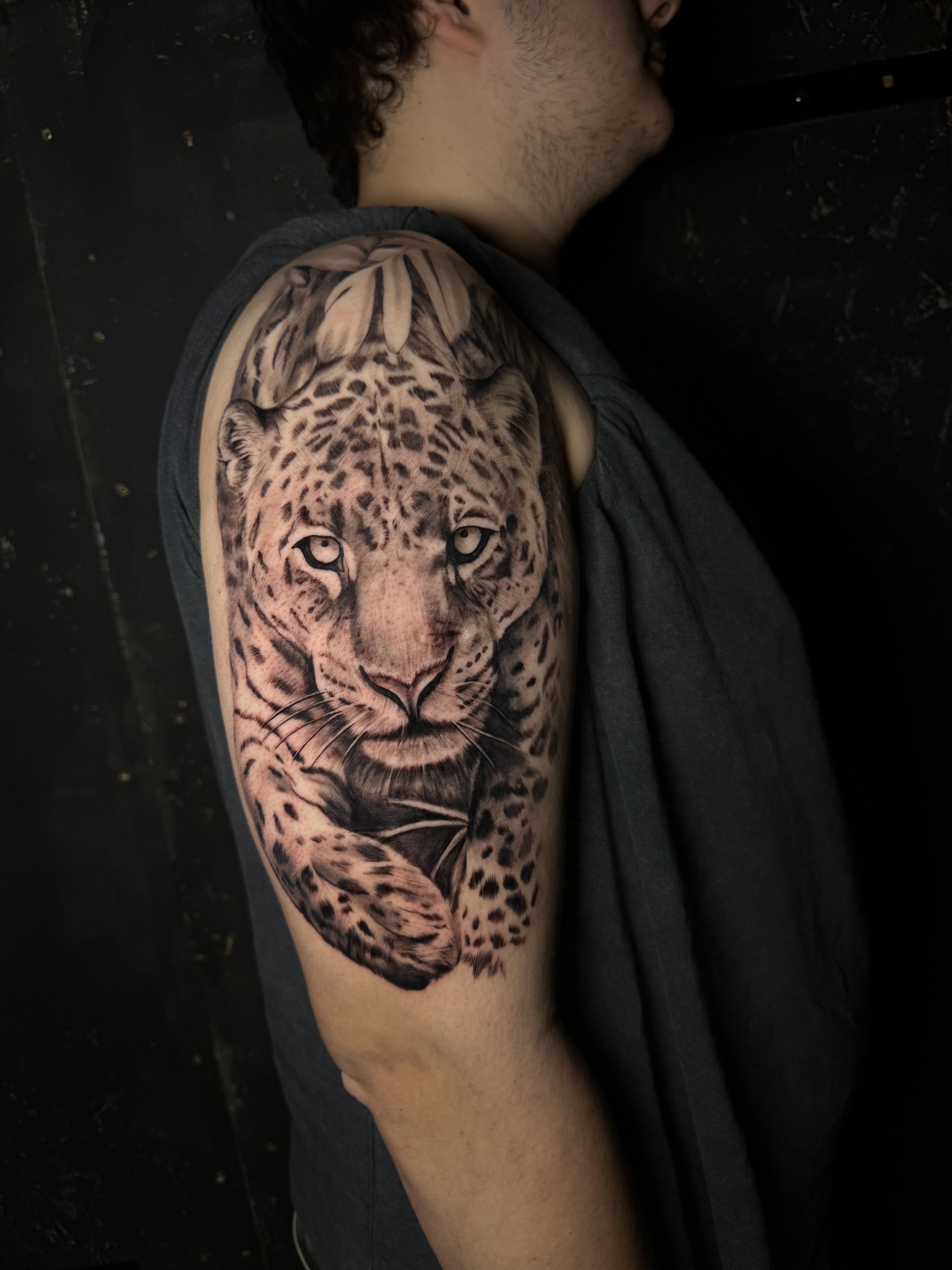 Snow Leopard Realism Shoulder Tattoo