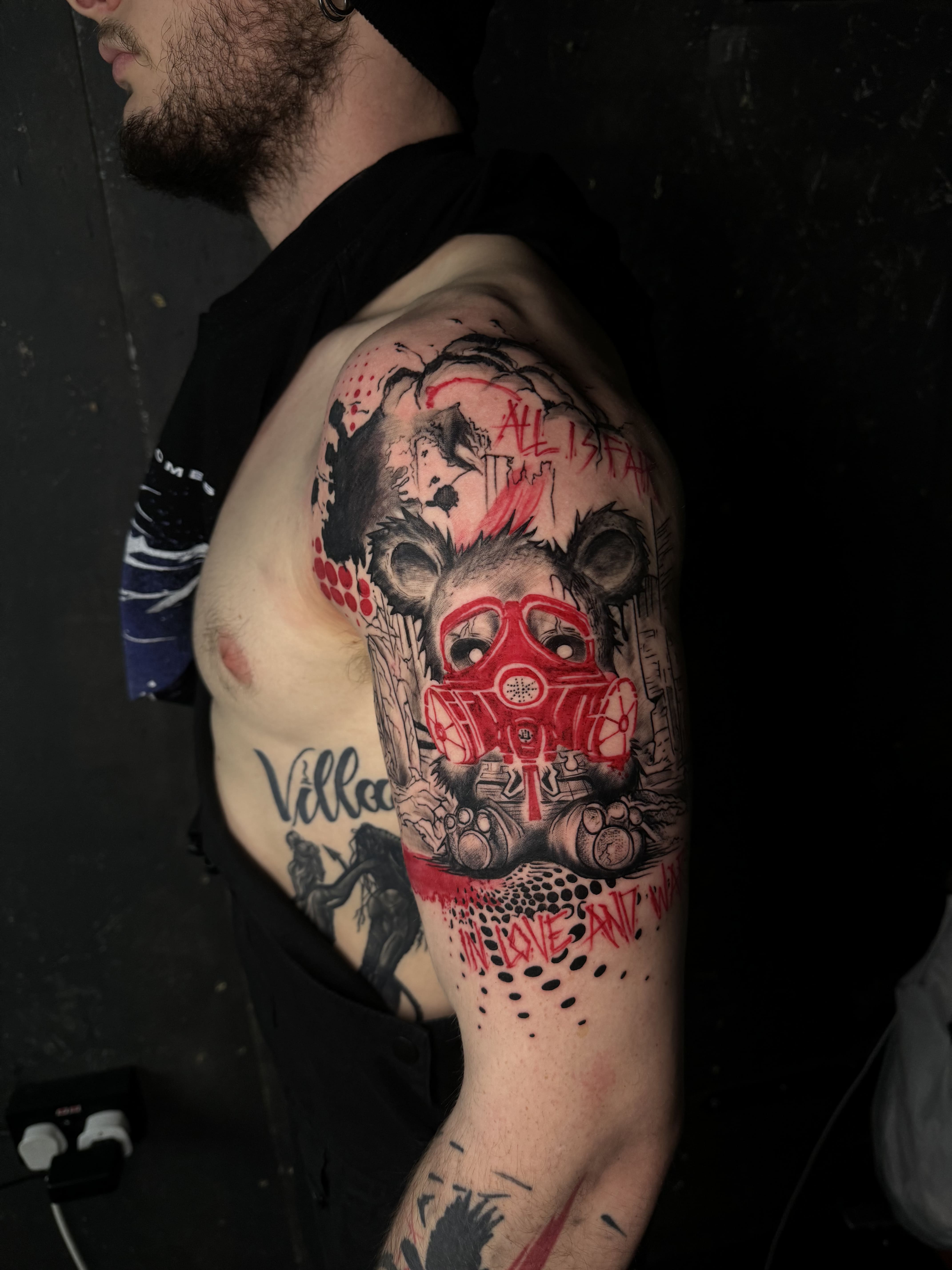 Neo-Traditional Bear with Gas Mask Shoulder Tattoo