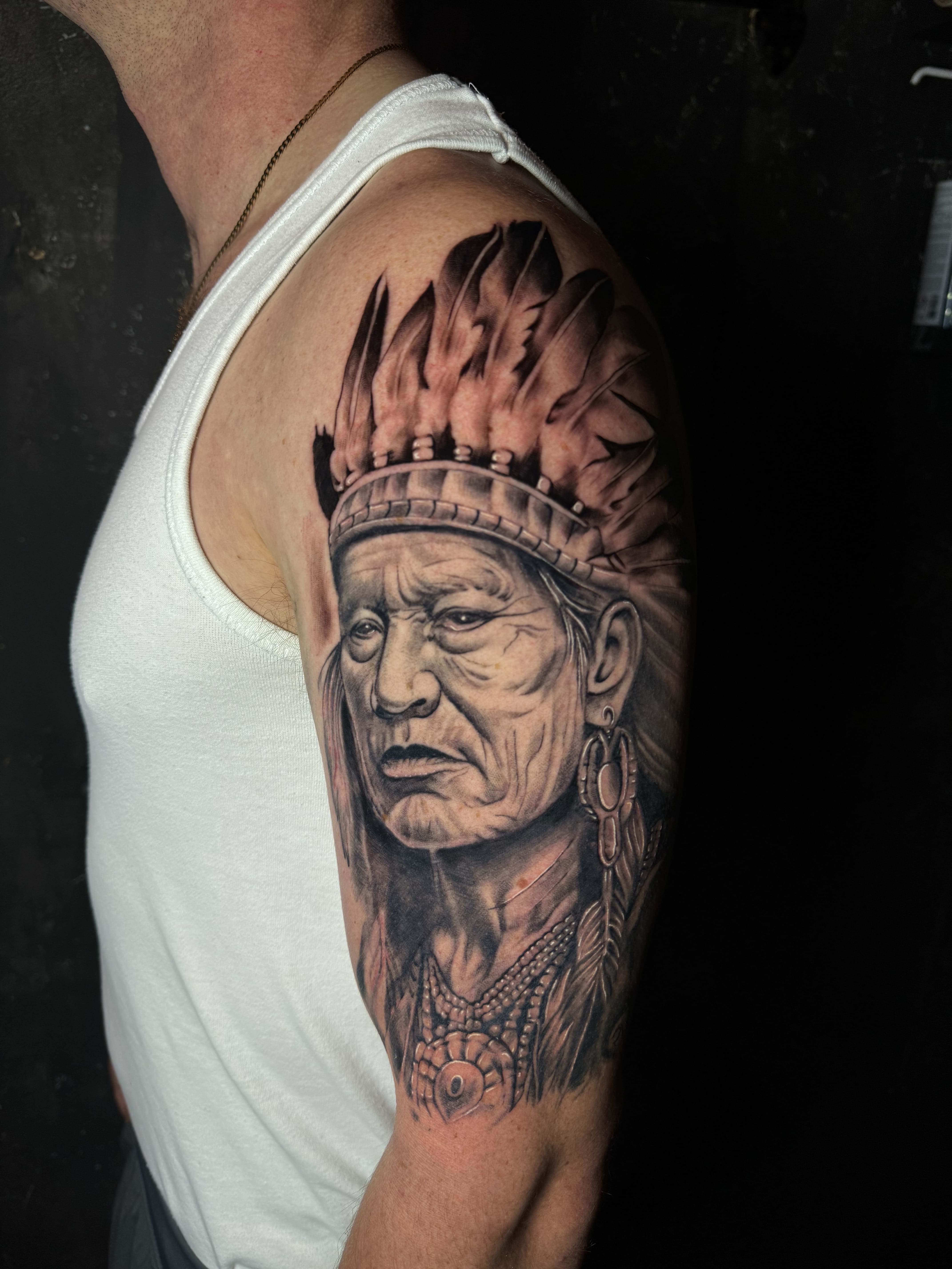 Native Chief Realism Shoulder Tattoo