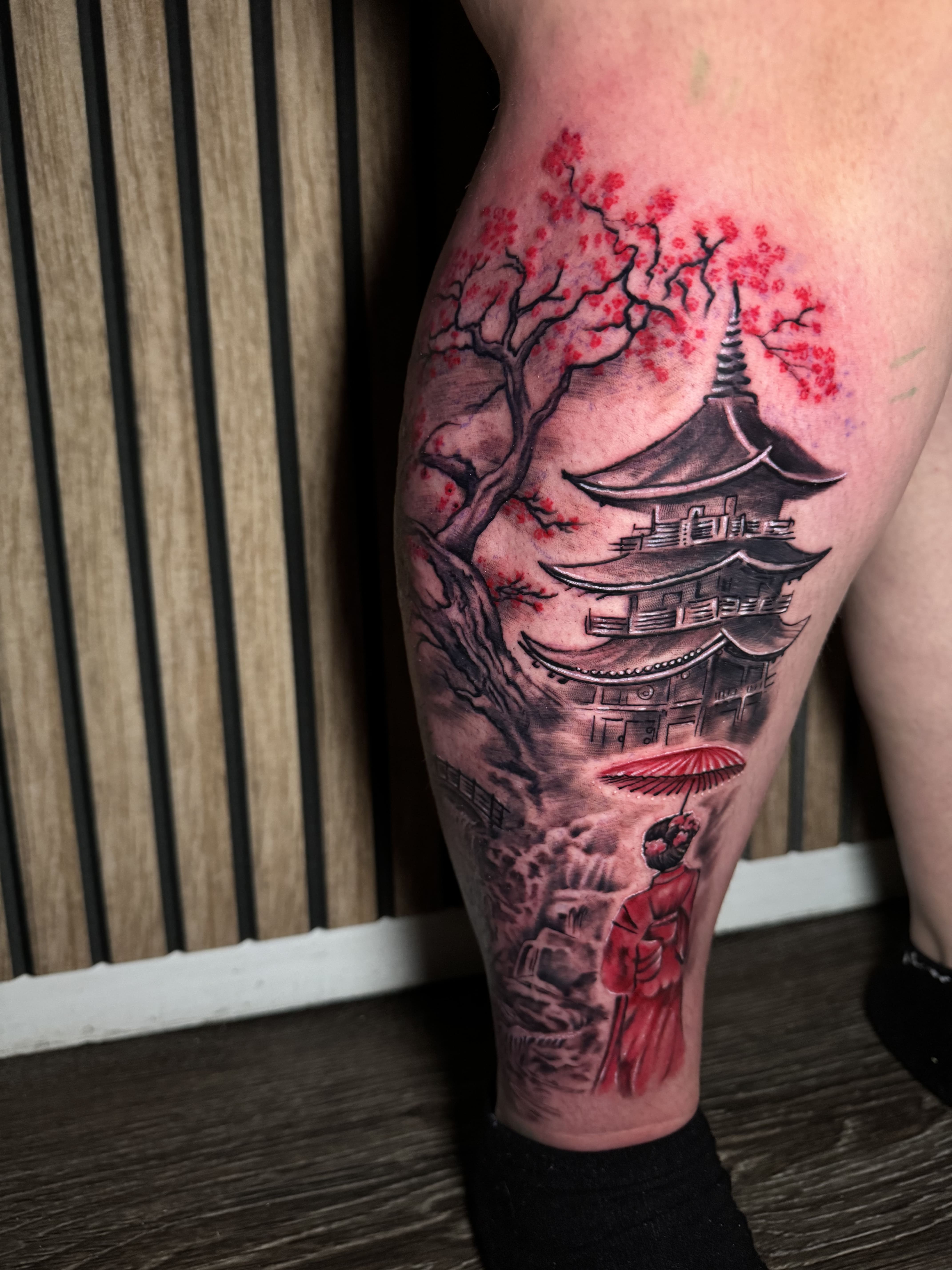 Japanese Pagoda & Sakura Scenic Leg Tattoo