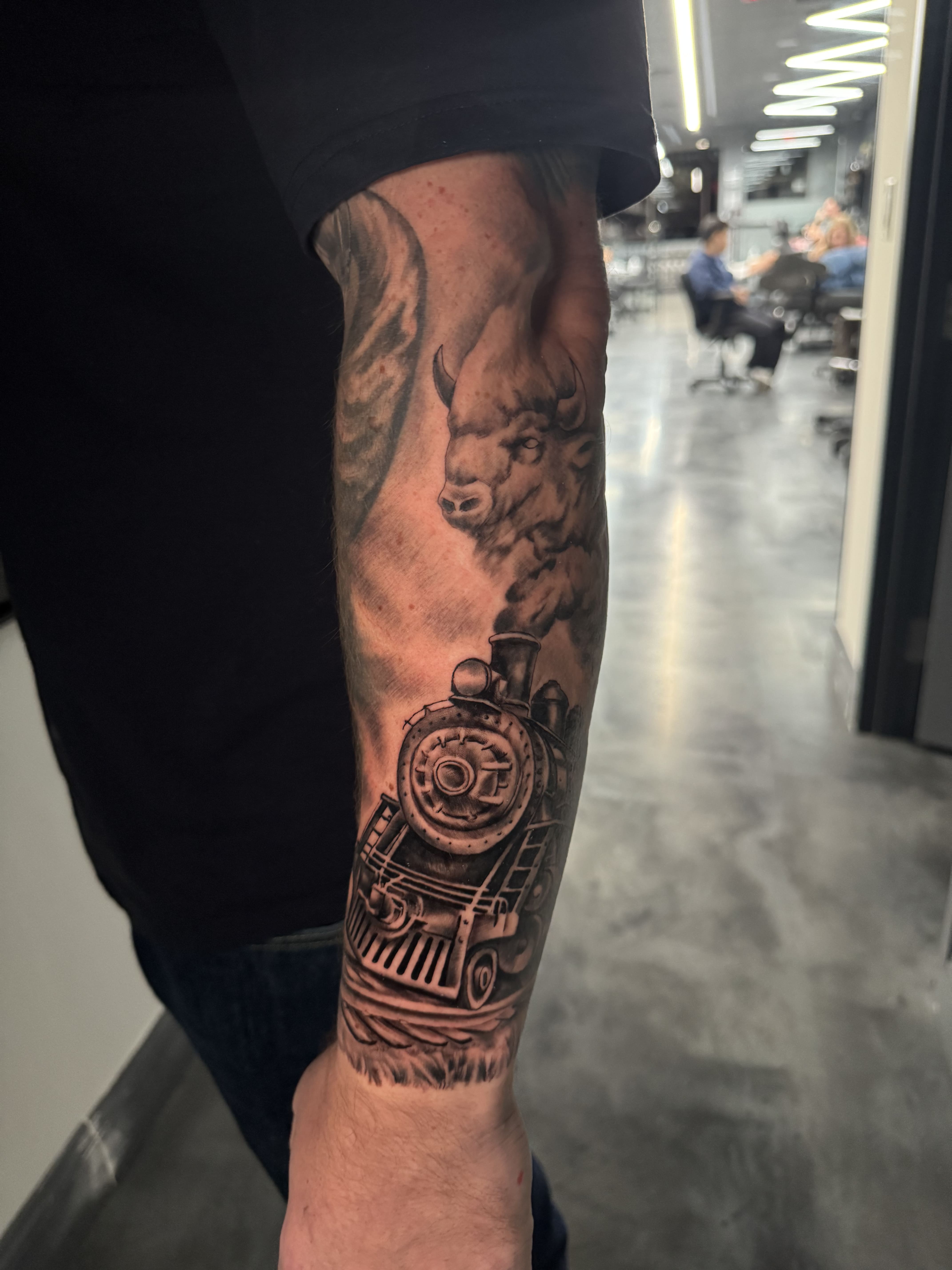 Steam Engine & Bull Power Forearm Tattoo