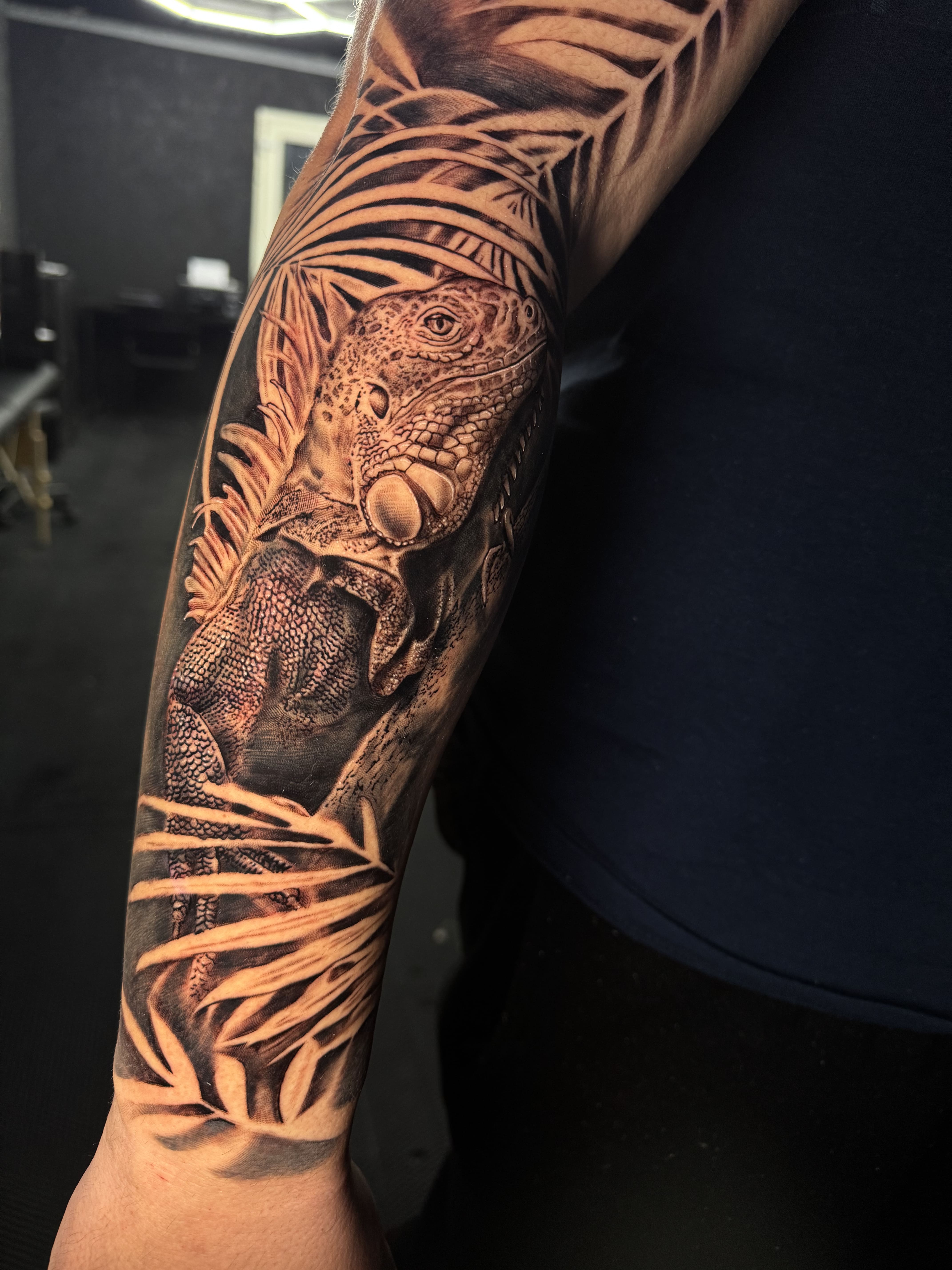 Jungle Iguana Black & Grey Forearm Tattoo