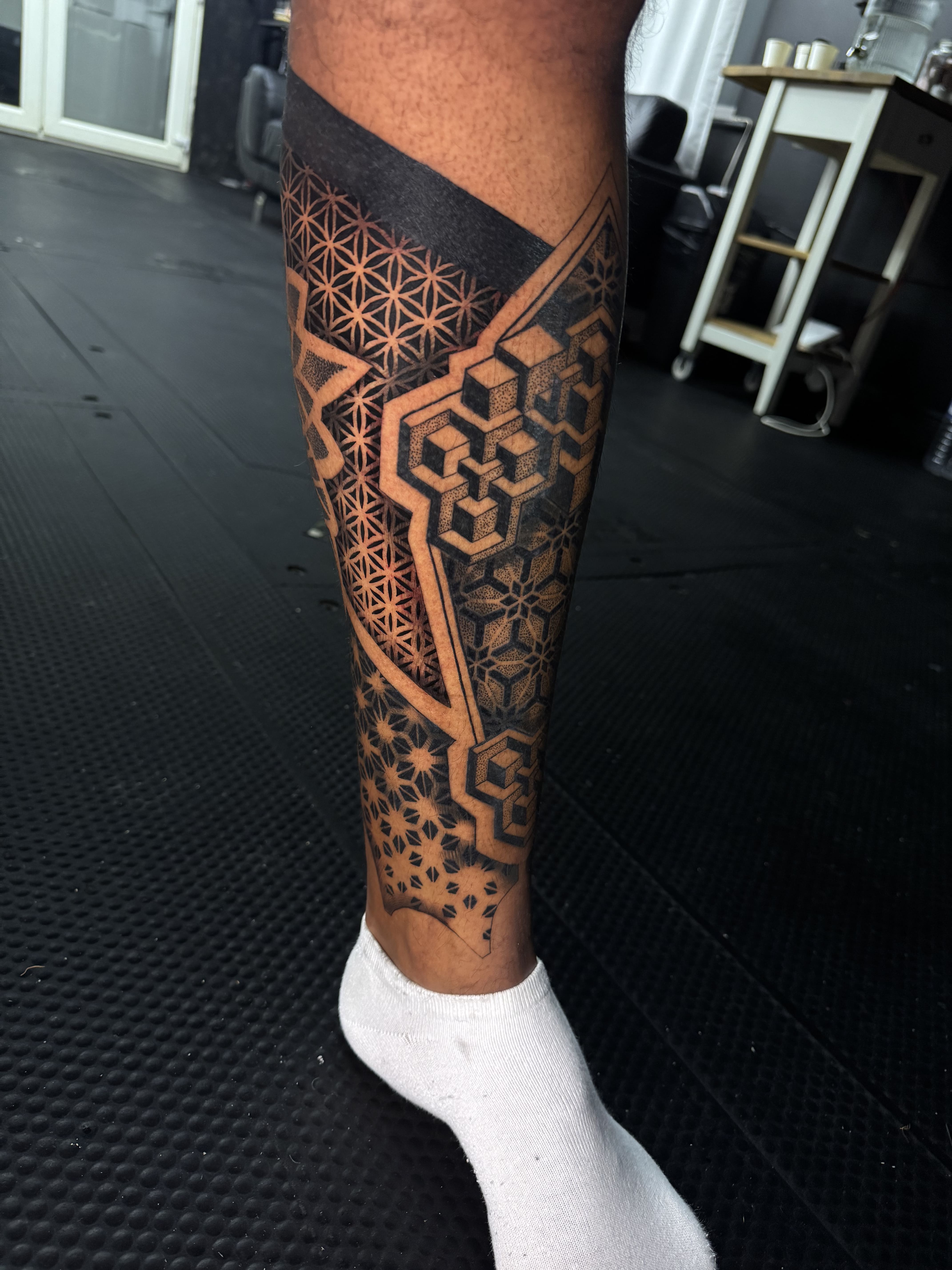 Geometric Sacred Pattern Blackwork Calf Sleeve