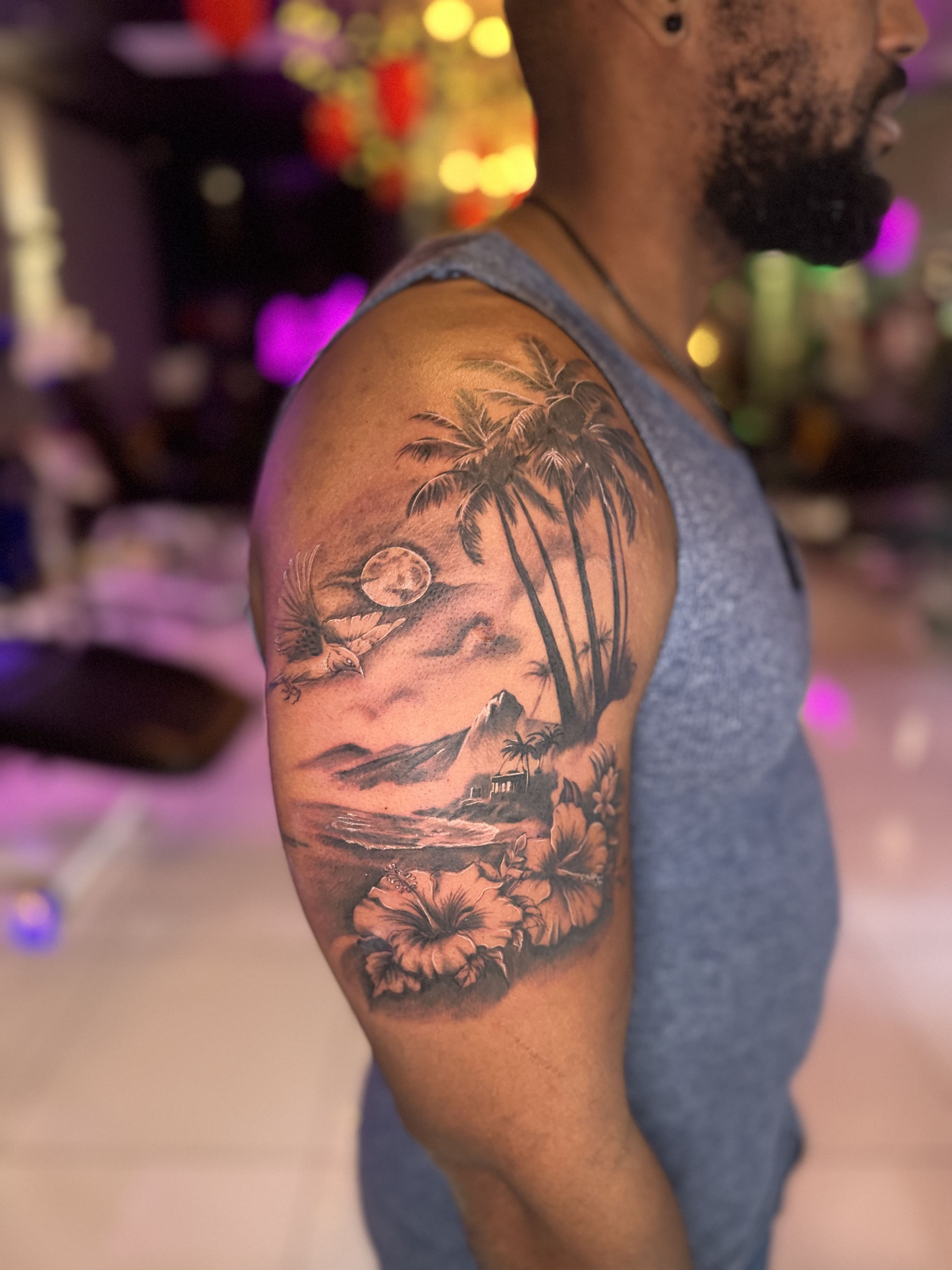 Tropical Night Landscape Realism Shoulder Tattoo