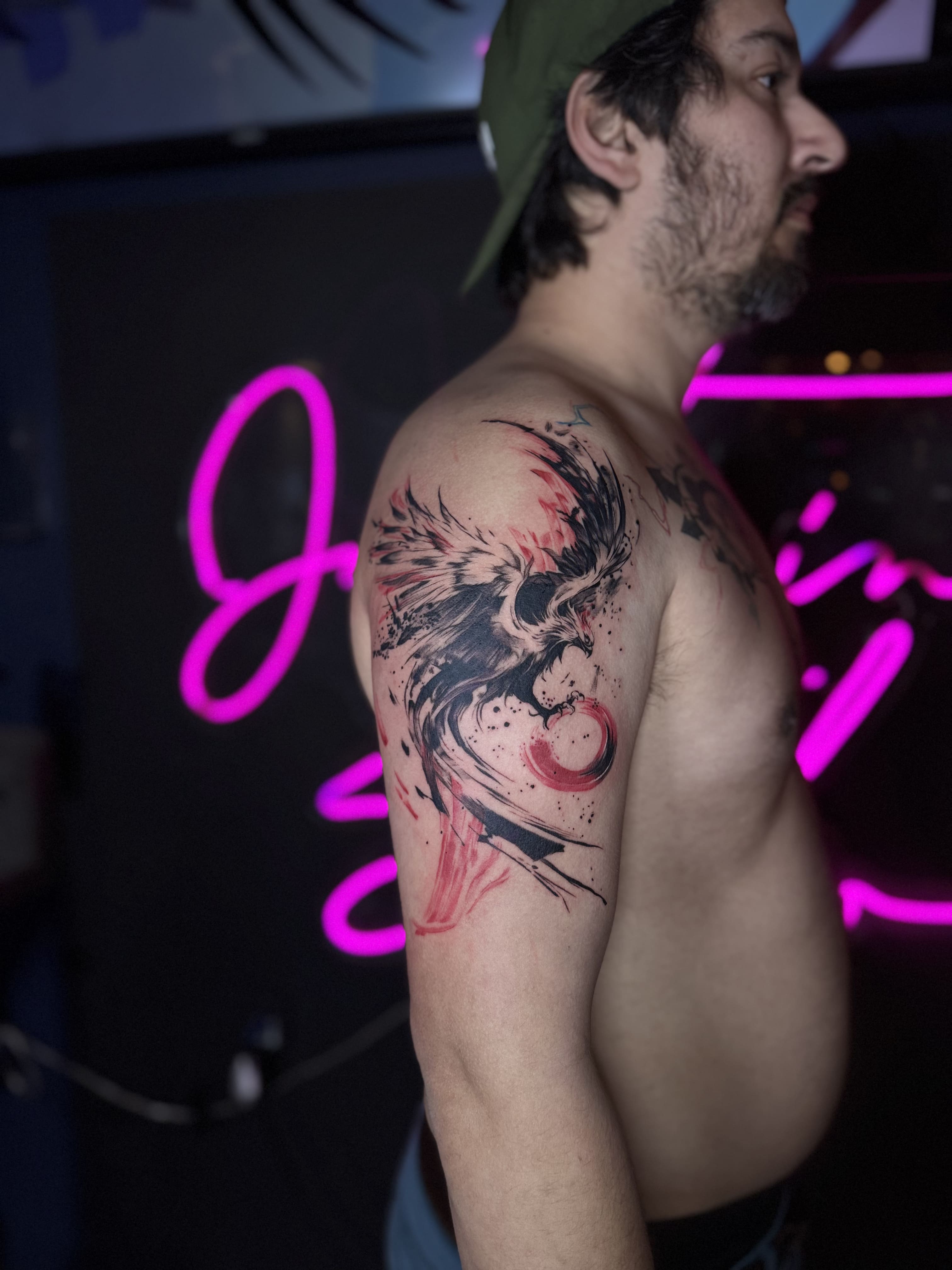 Phoenix Brushstroke Shoulder Tattoo
