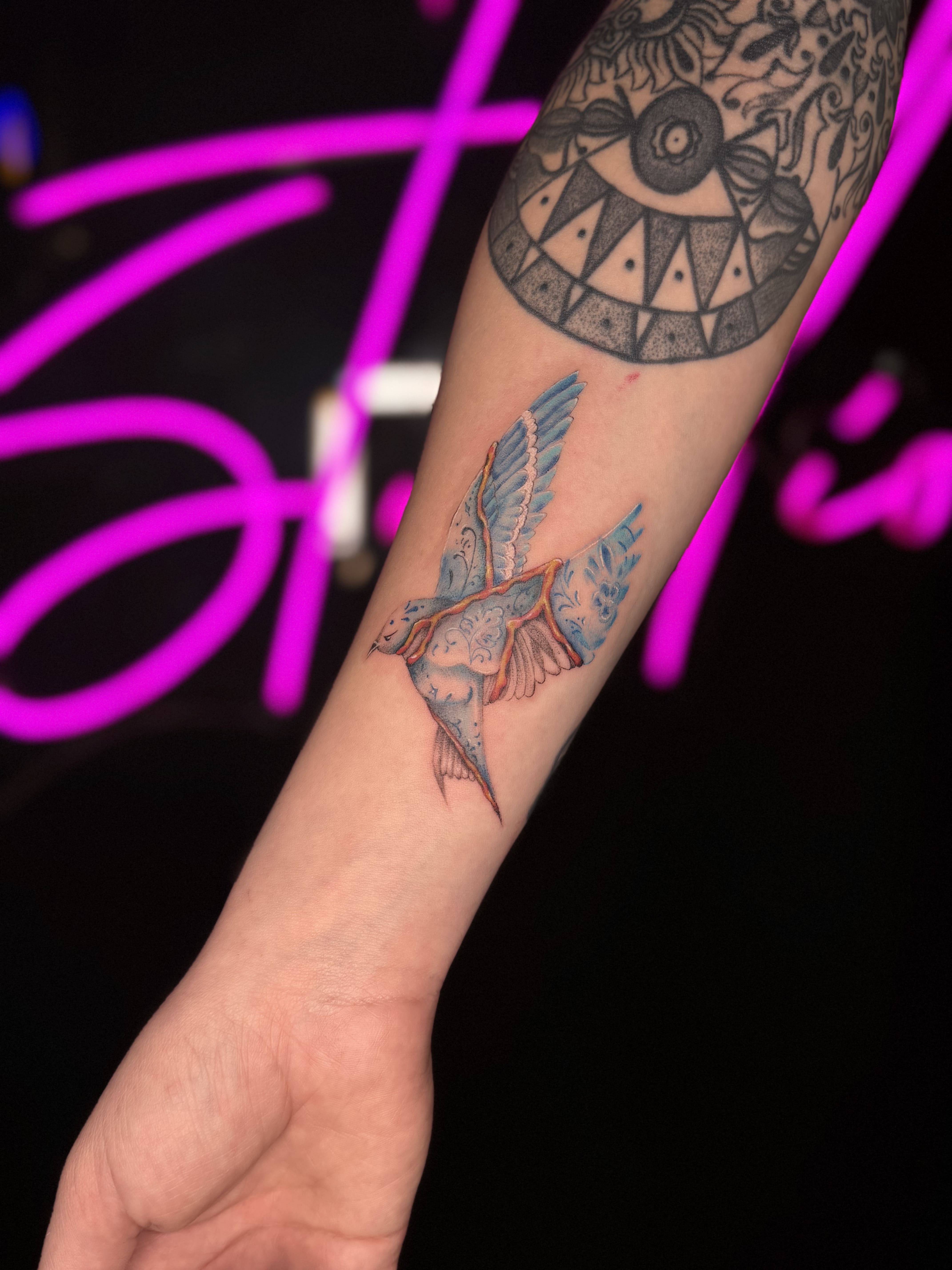 Ornamental Blue Bird Forearm Tattoo