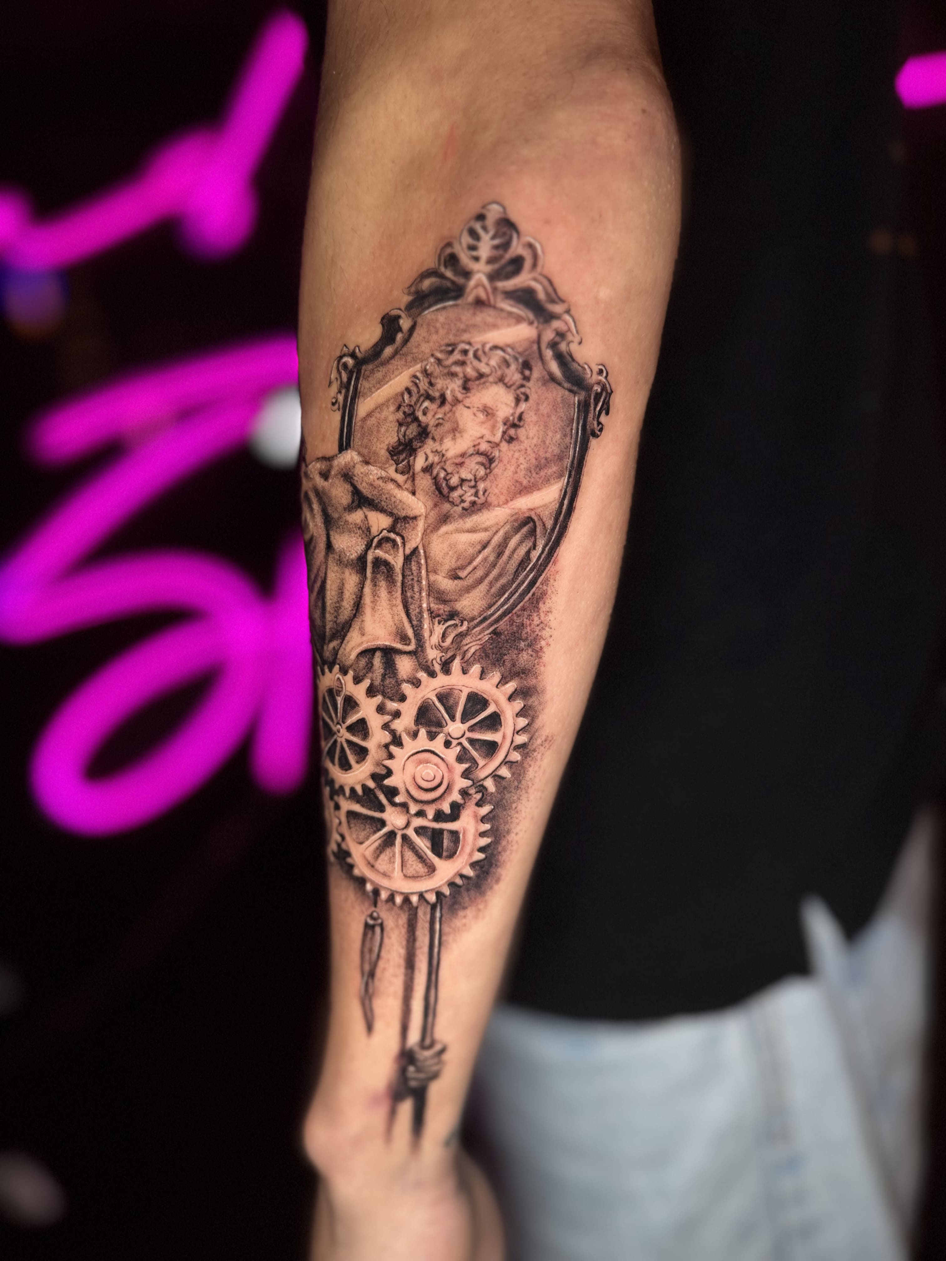 Classical Sculpture & Clockwork Forearm Tattoo