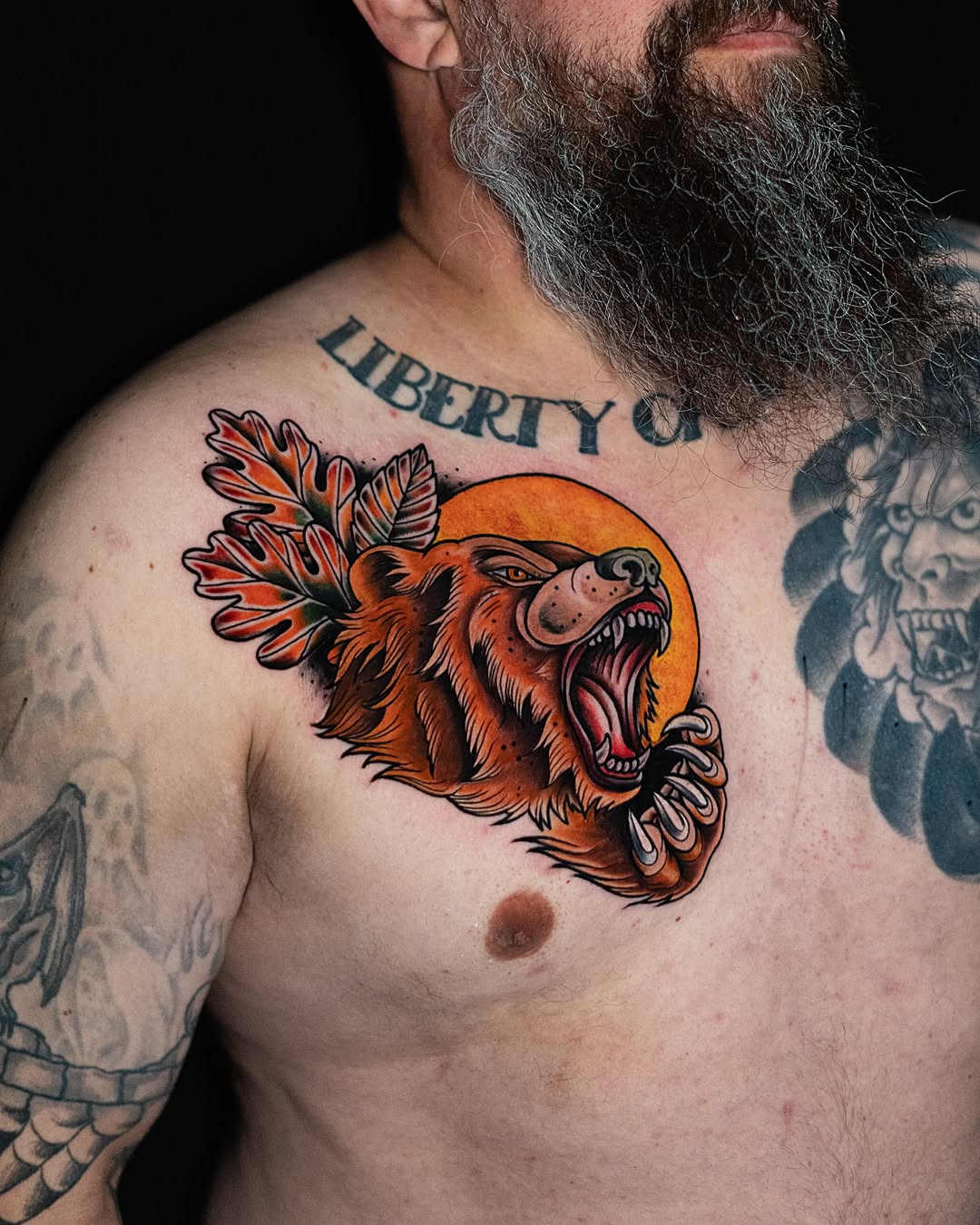 Roaring Grizzly Bear Neo-Traditional Chest Tattoo