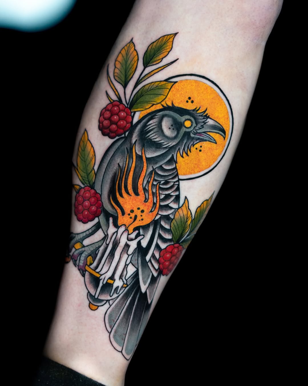 Neo-Traditional Raven with Berries Tattoo