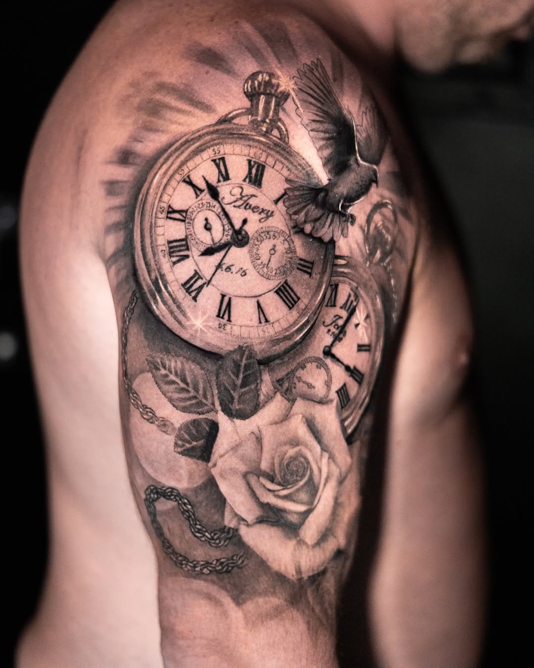 Realistic Pocket Watch, Dove & Rose Sleeve Tattoo