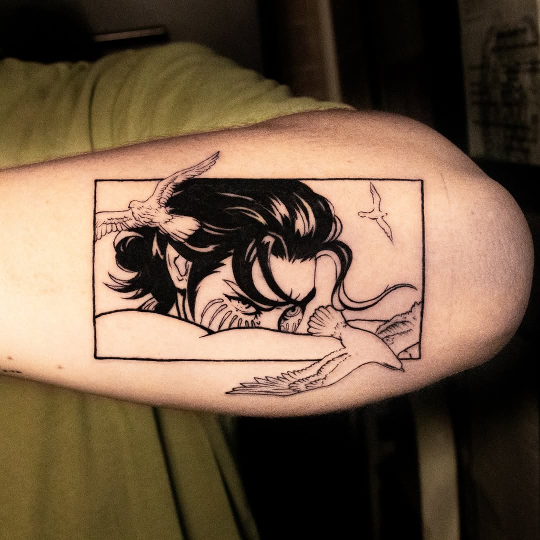 Framed Anime Portrait with Flying Birds