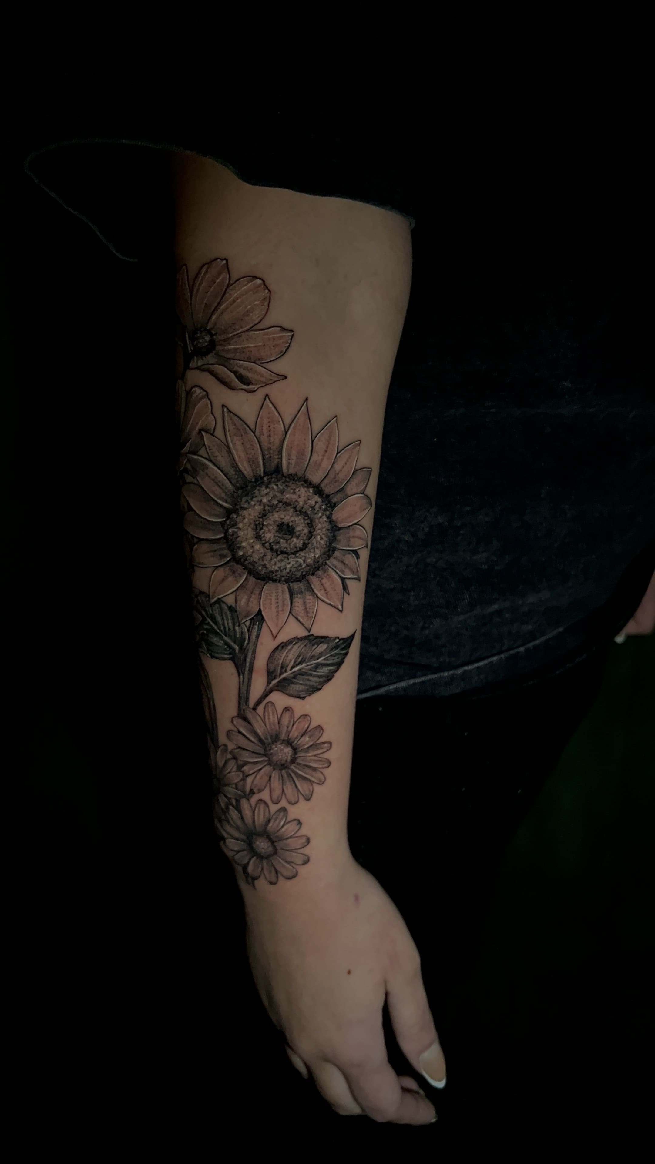 Black & Grey Botanical Sunflower Forearm Tattoo