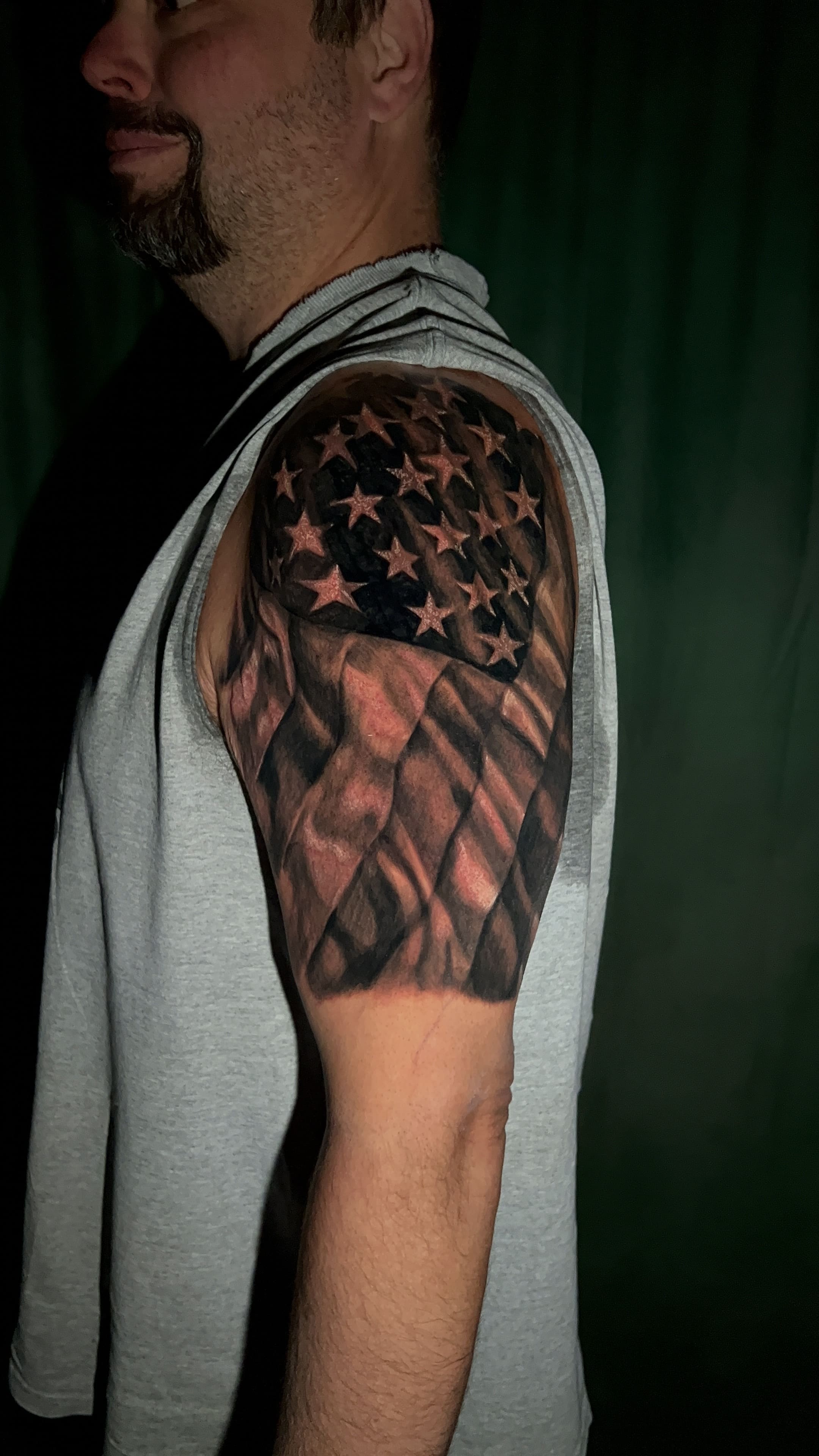 Black & Grey American Flag Shoulder Tattoo