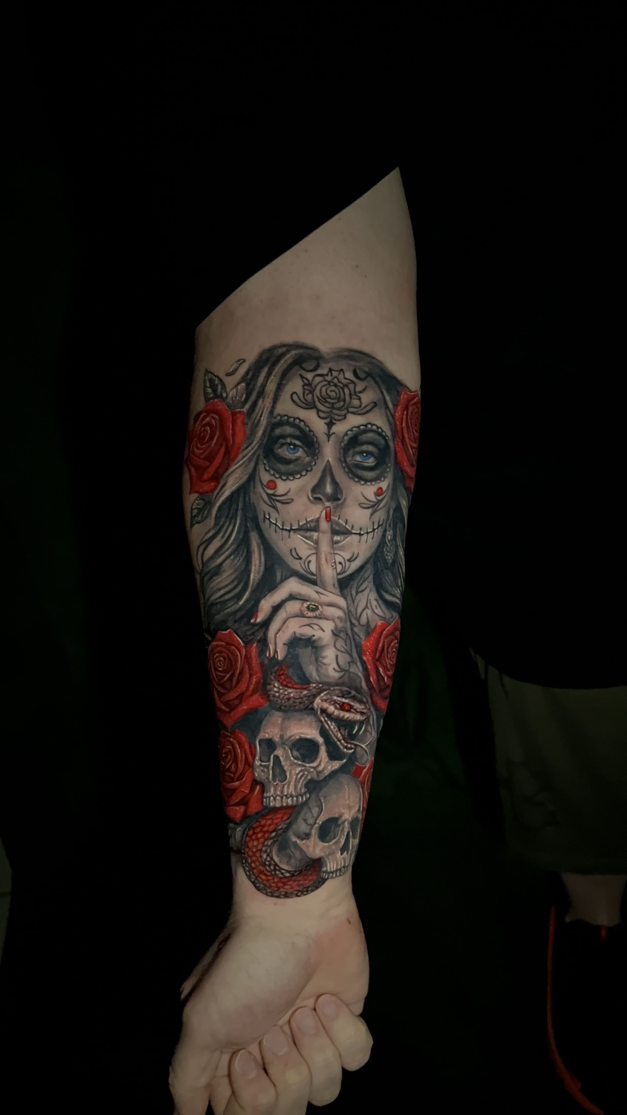 Day of the Dead Woman with Roses and Skulls Forearm Tattoo