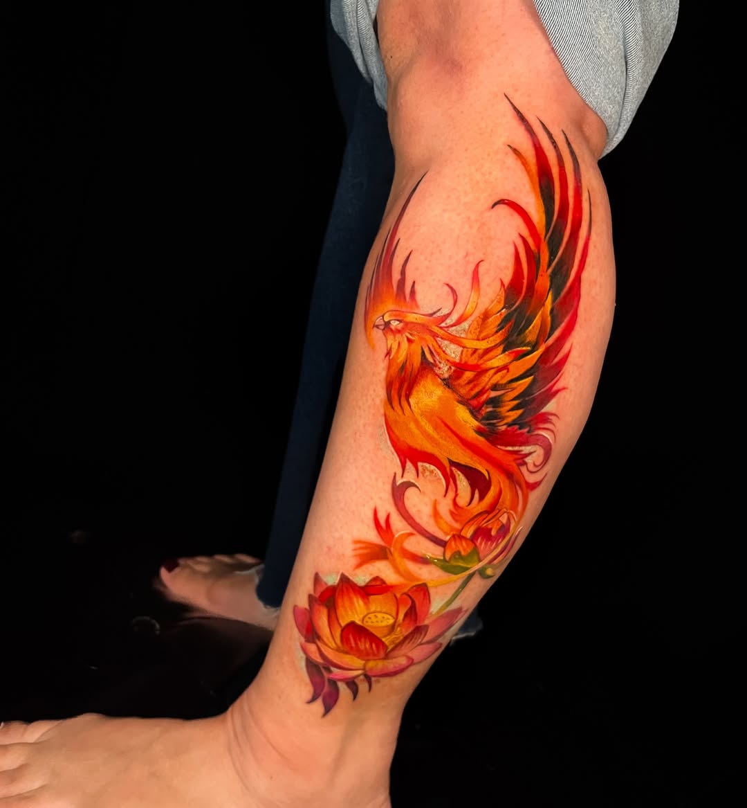 Color Phoenix and Lotus Calf Tattoo