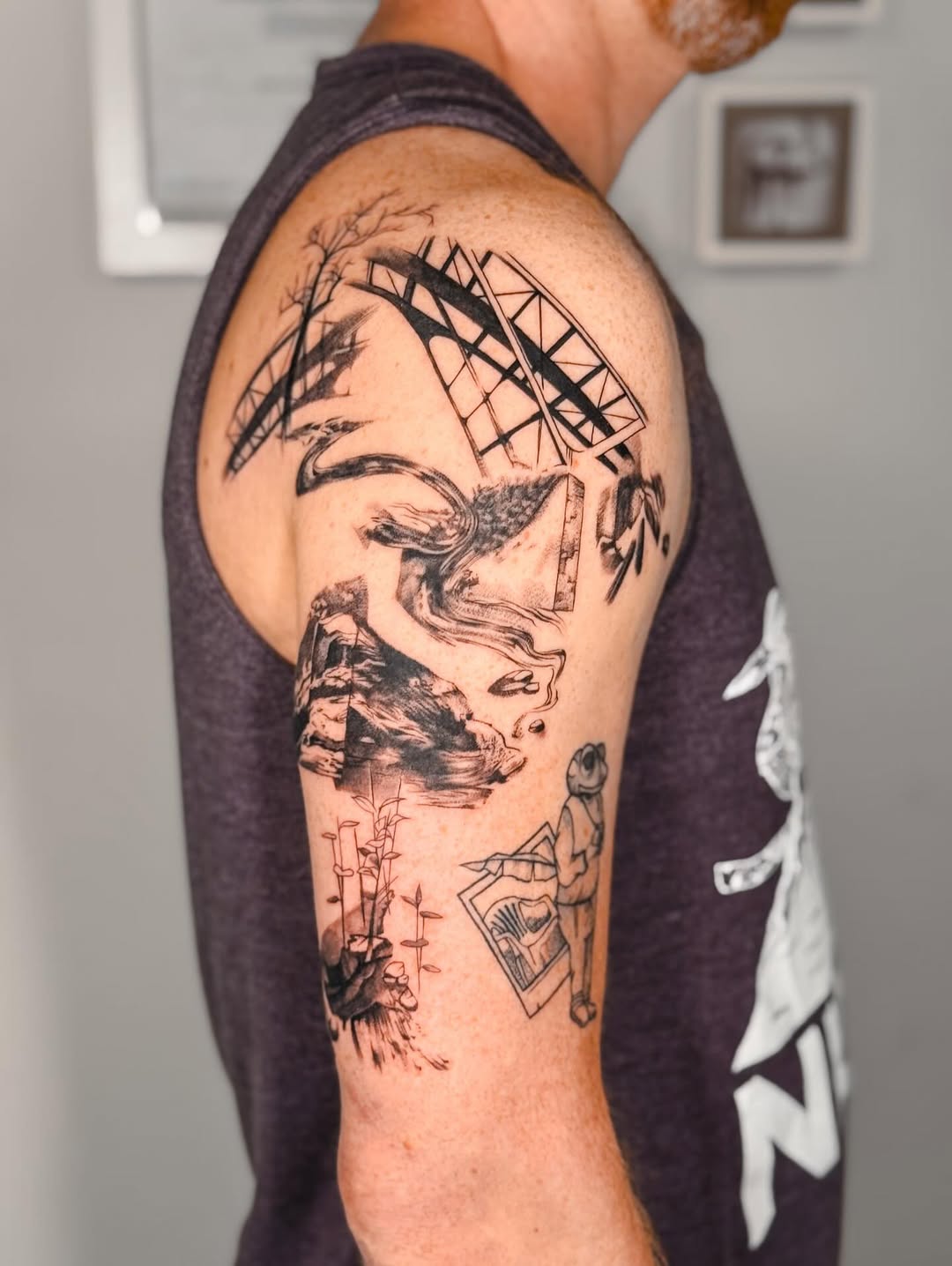 Abstract Nature Collage Blackwork Shoulder Tattoo