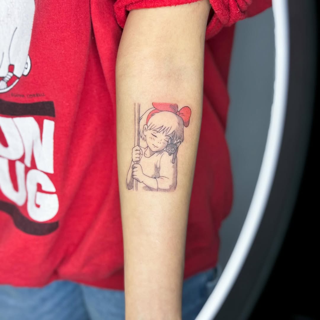 Fine Line Anime Girl and Cat Tattoo