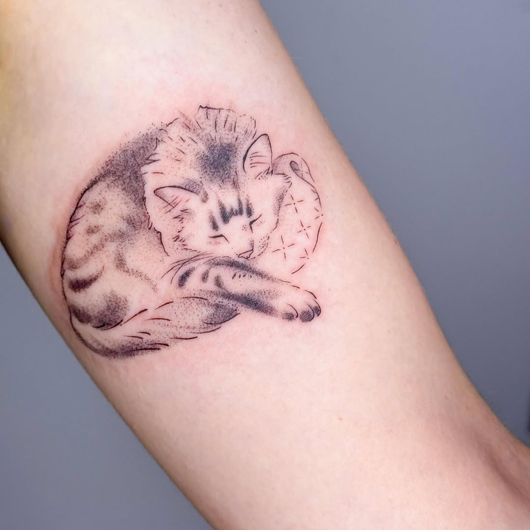 Fine Line Sleeping Kitten Tattoo