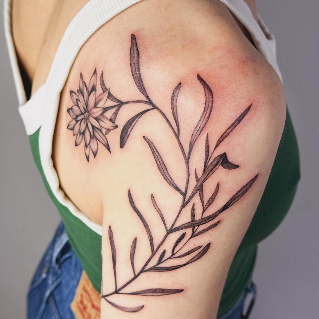 Fine Line Edelweiss Floral Shoulder Tattoo