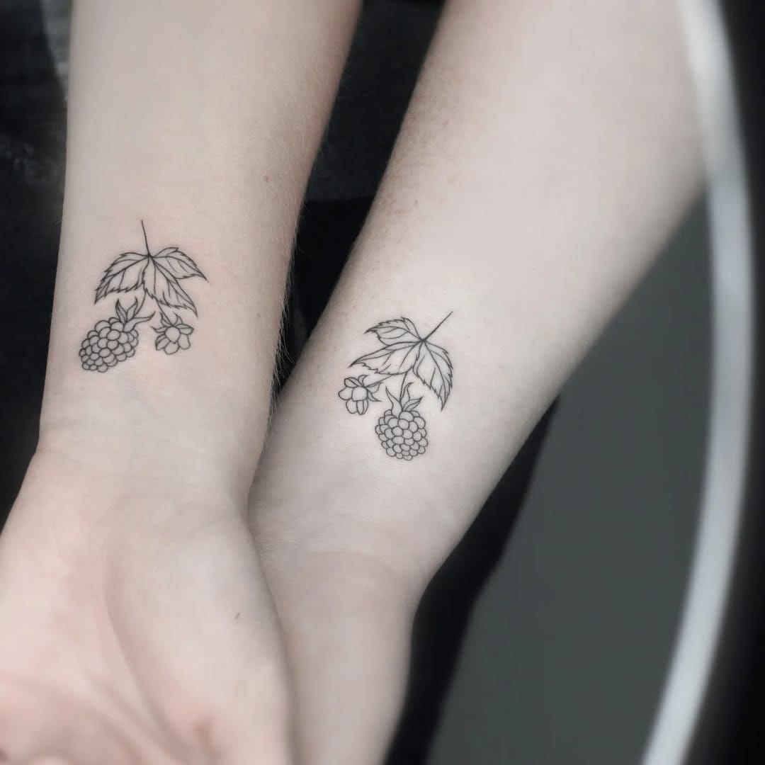 Matching Raspberry Branch Fine Line Tattoos