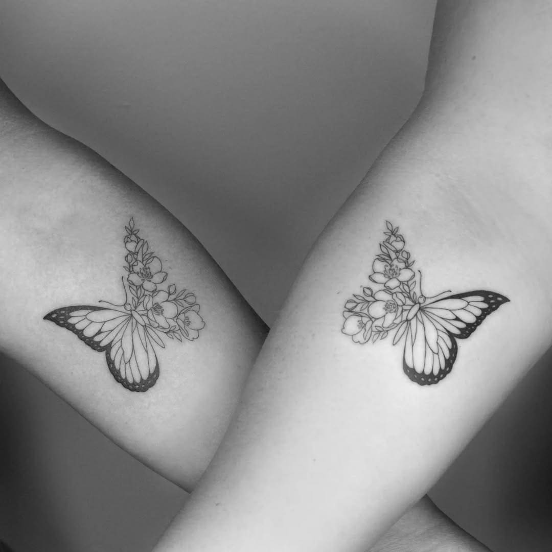 Matching Butterfly & Floral Fine Line Tattoos