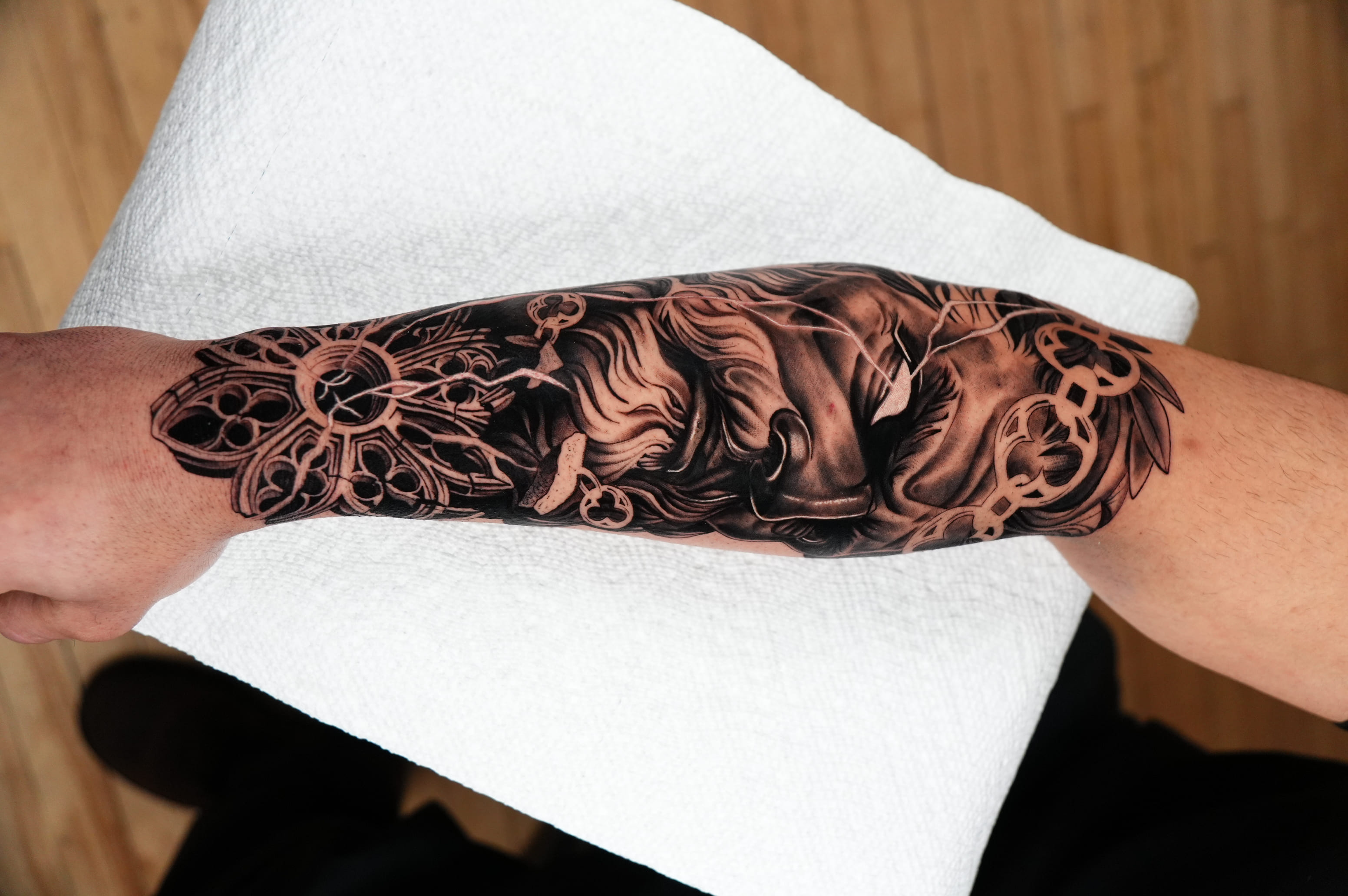 Zeus Portrait Forearm Tattoo