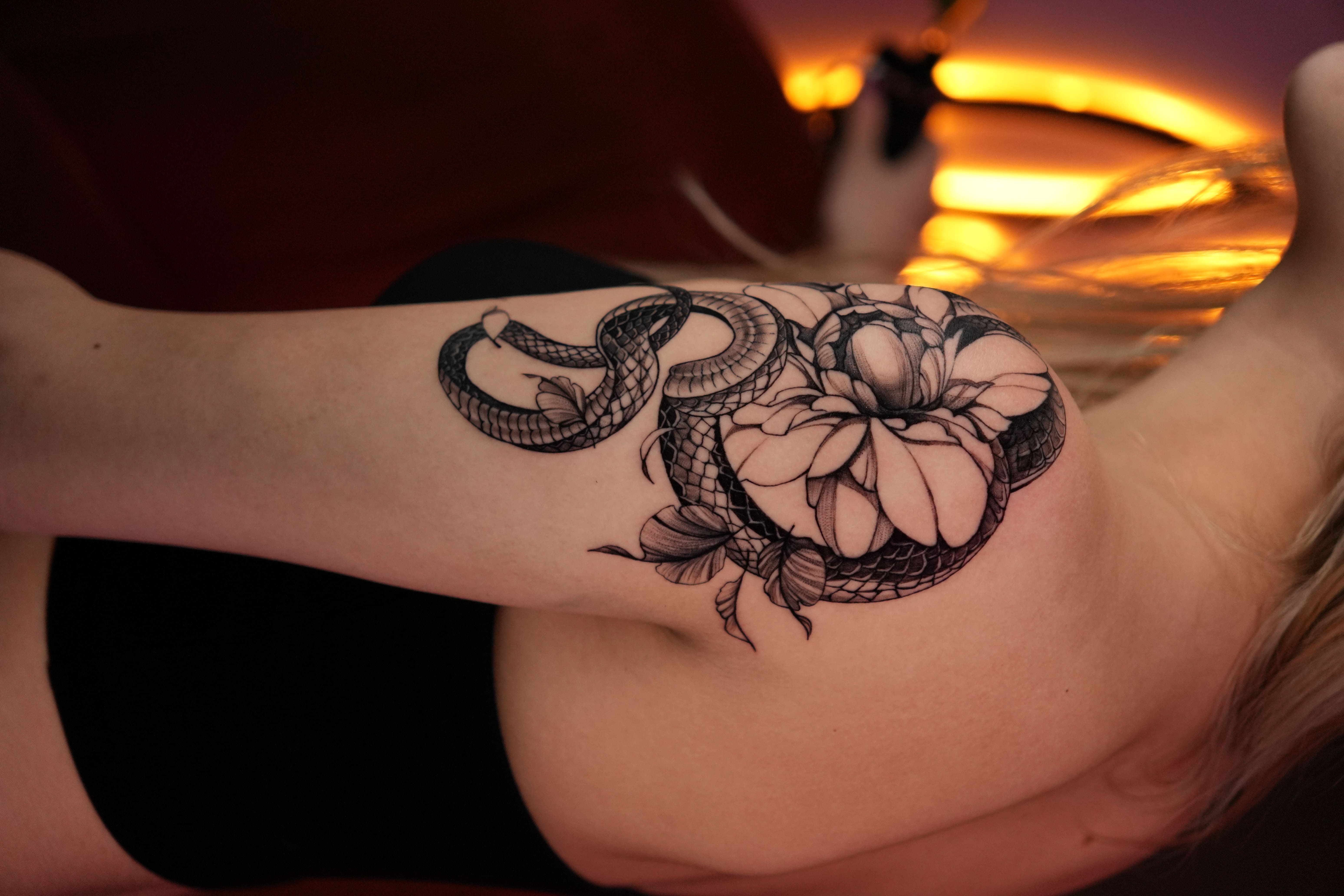 Snake and Peony Shoulder Tattoo