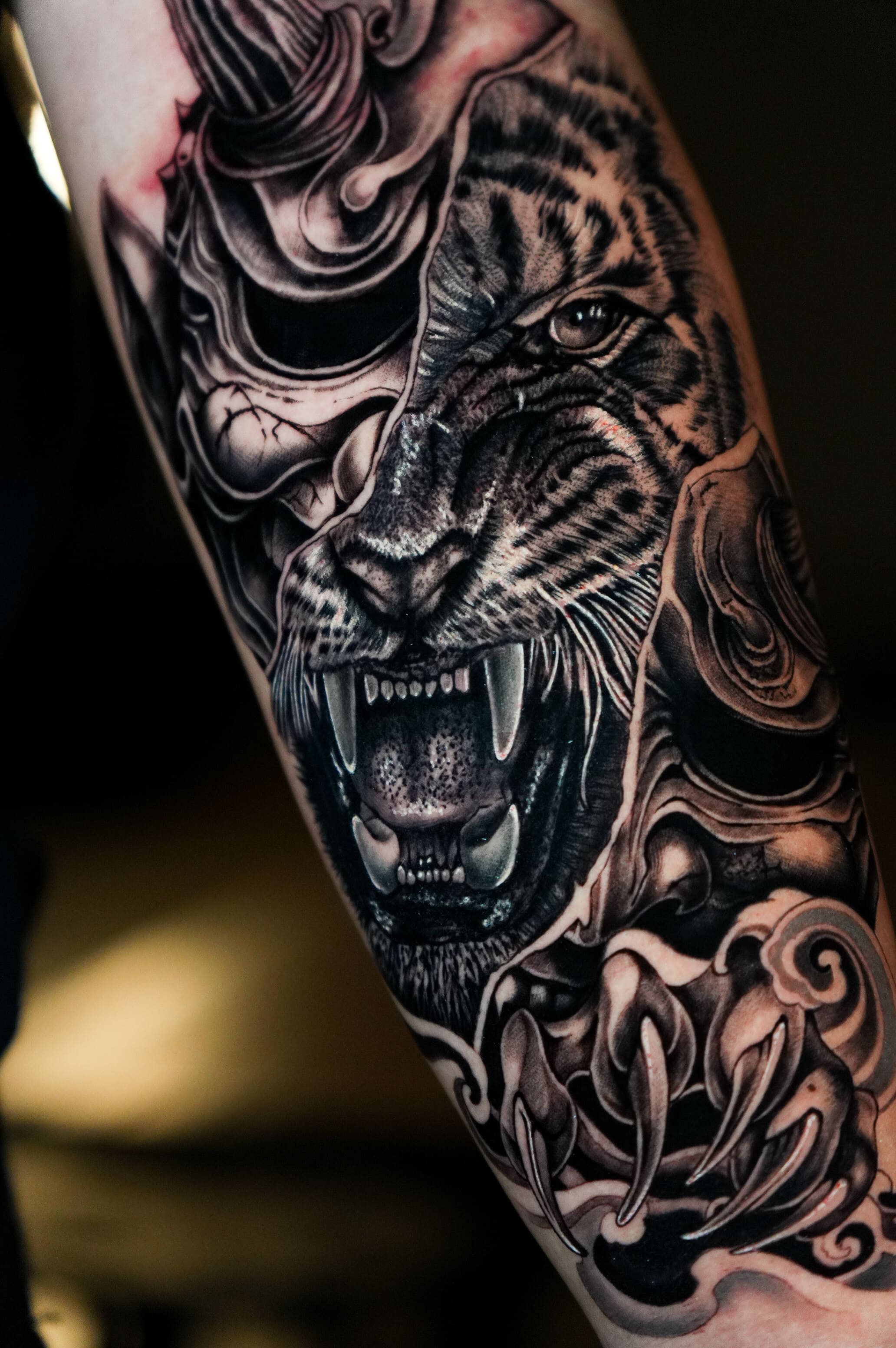 Tiger and Samurai Mask Forearm Tattoo