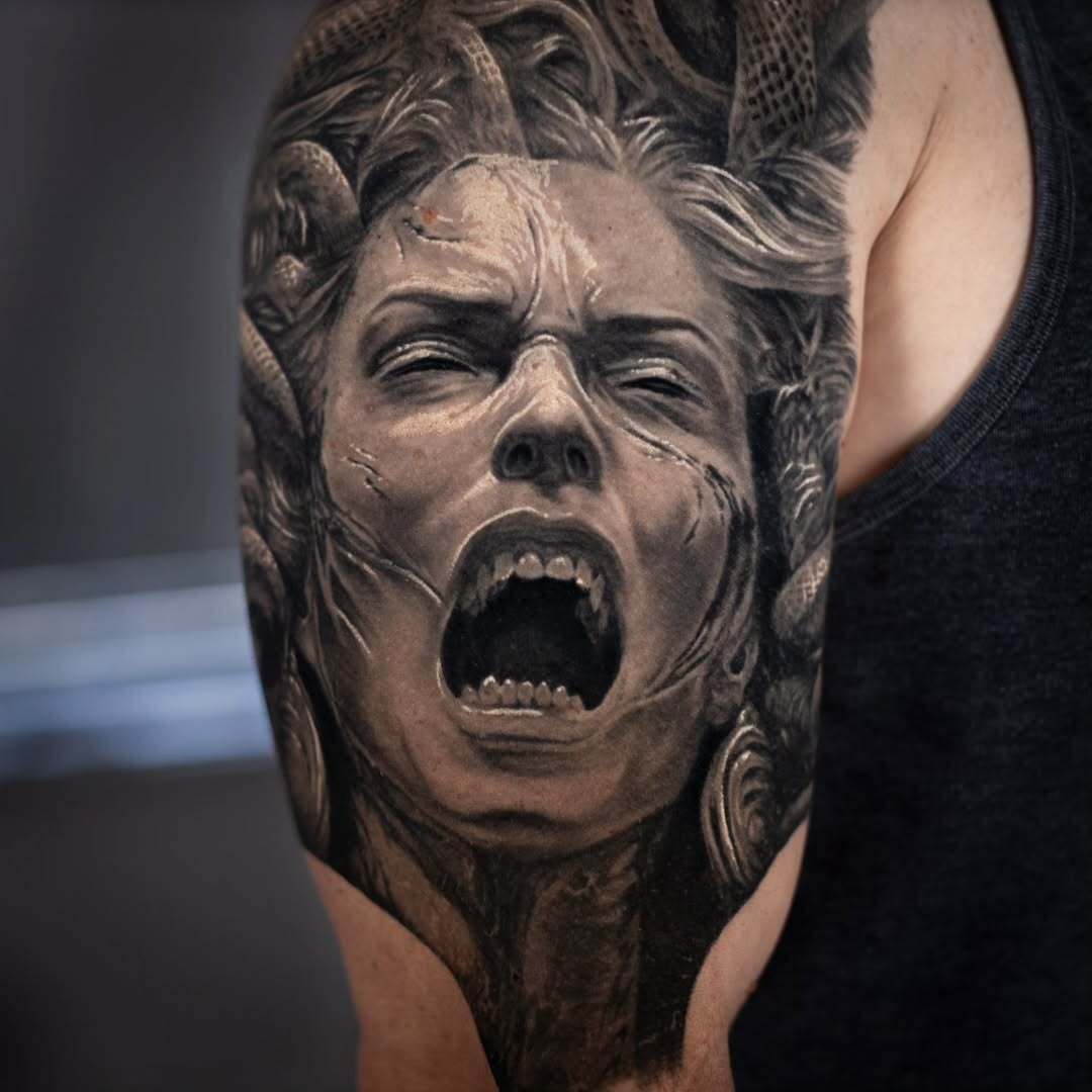 Screaming Medusa Realism Tattoo