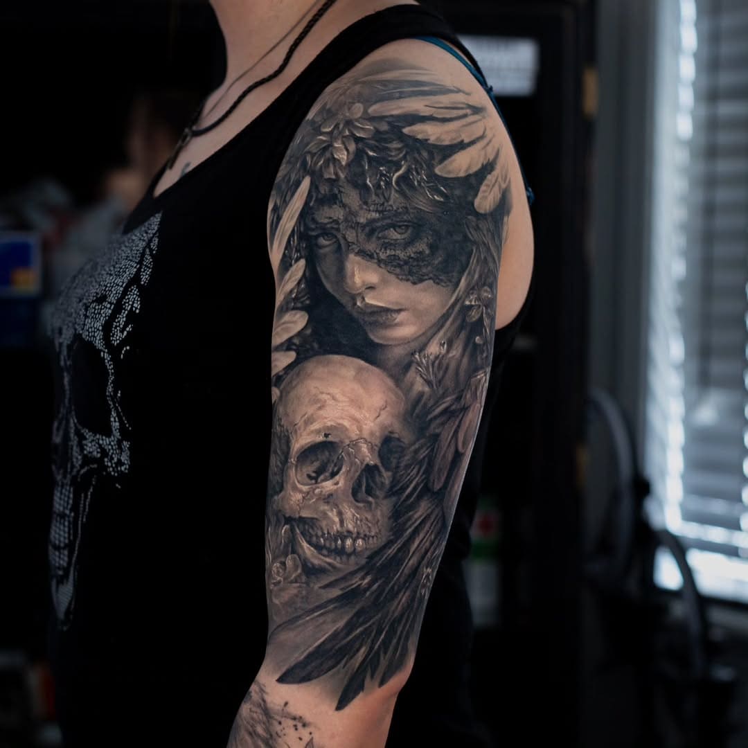 Mystic Woman and Skull Dark Realism Tattoo