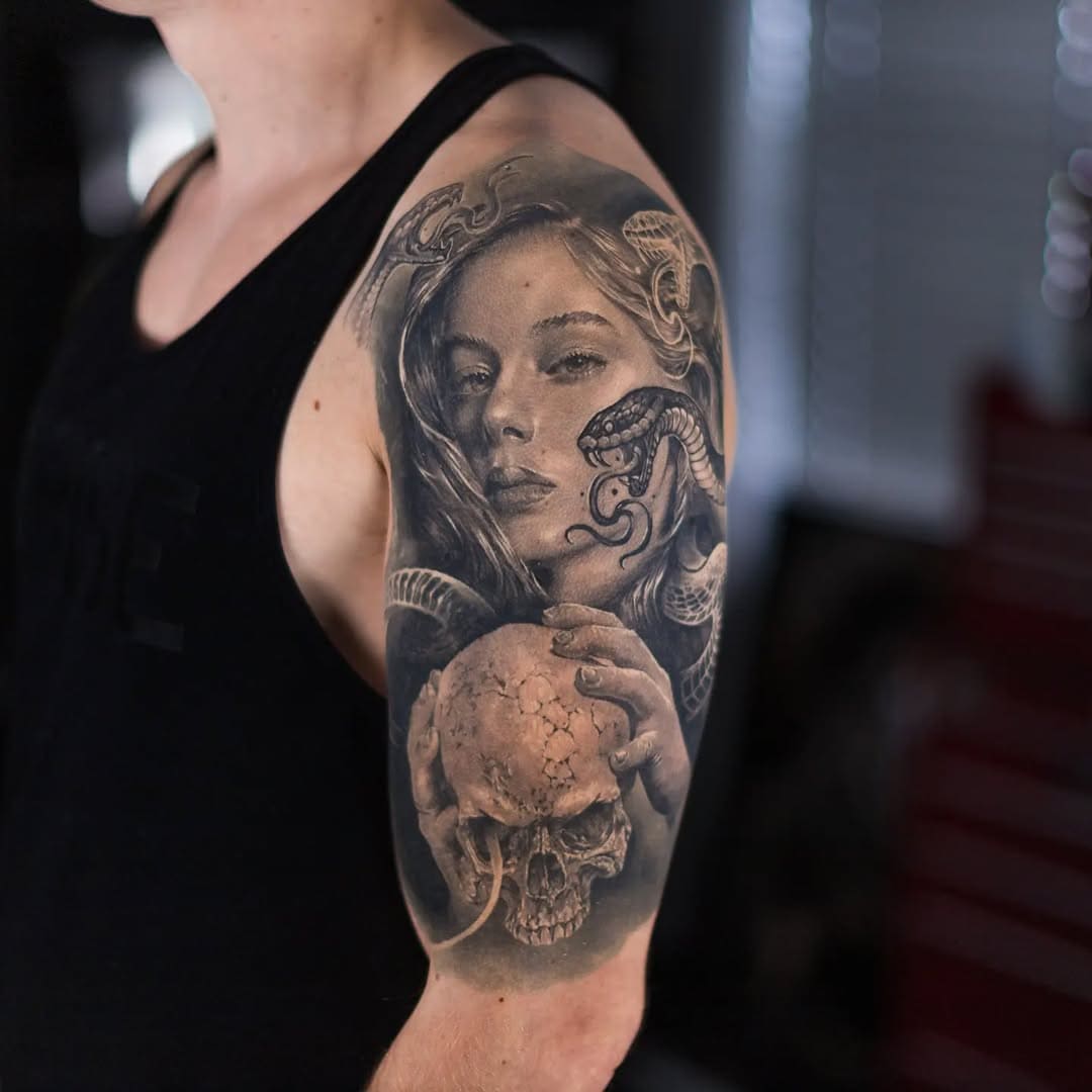 Medusa Portrait and Skull Realism Tattoo