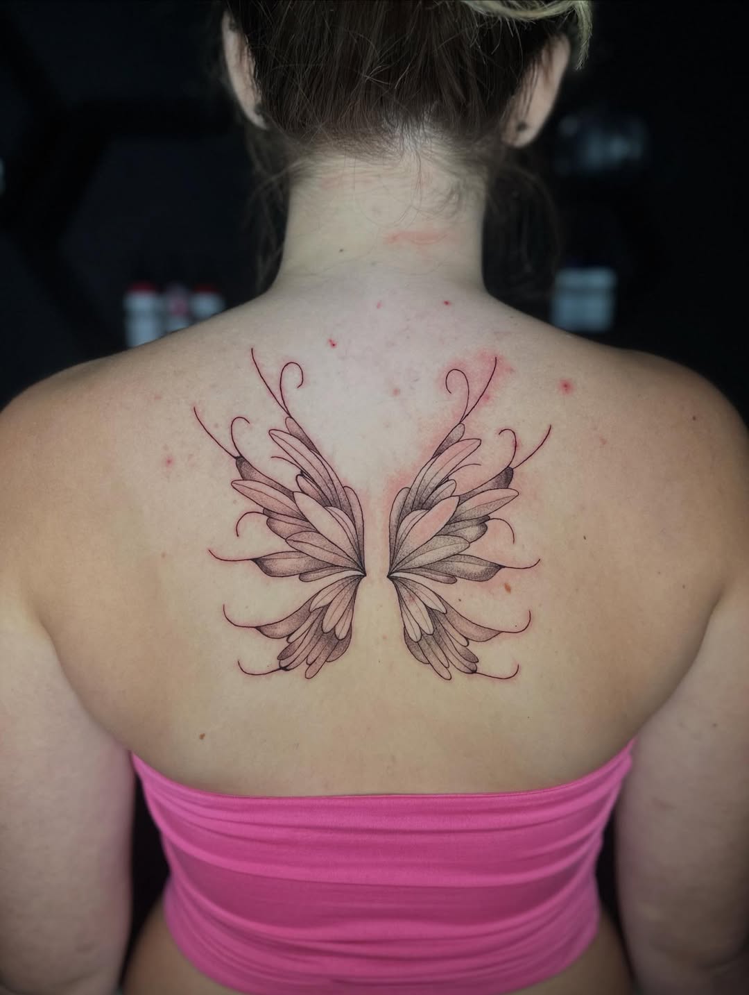 Fine Line Angel Wings Back Tattoo